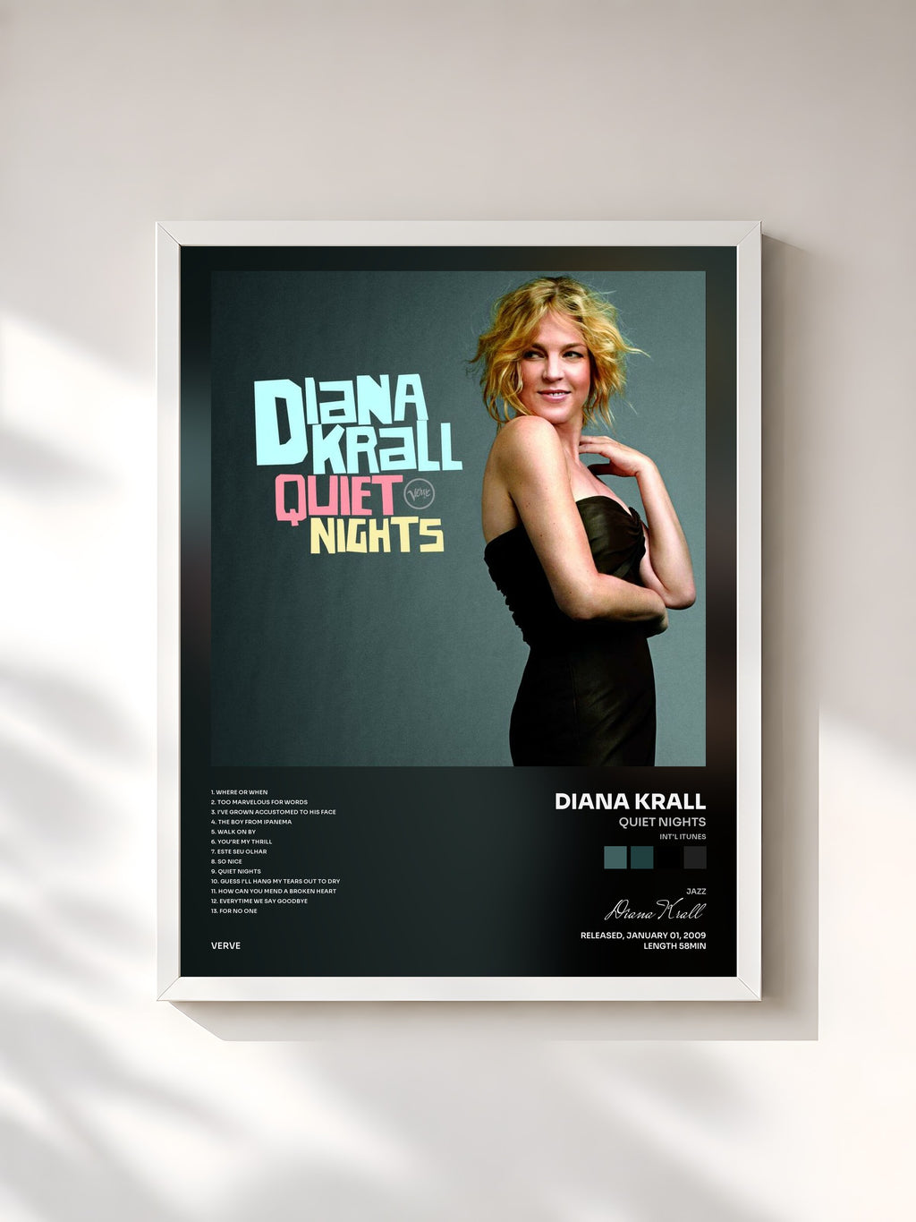 #blanc Tableau de l'album Quiet Nights (Int'l iTunes) de Diana Krall, cadre blanc, imprimé et encadré en France