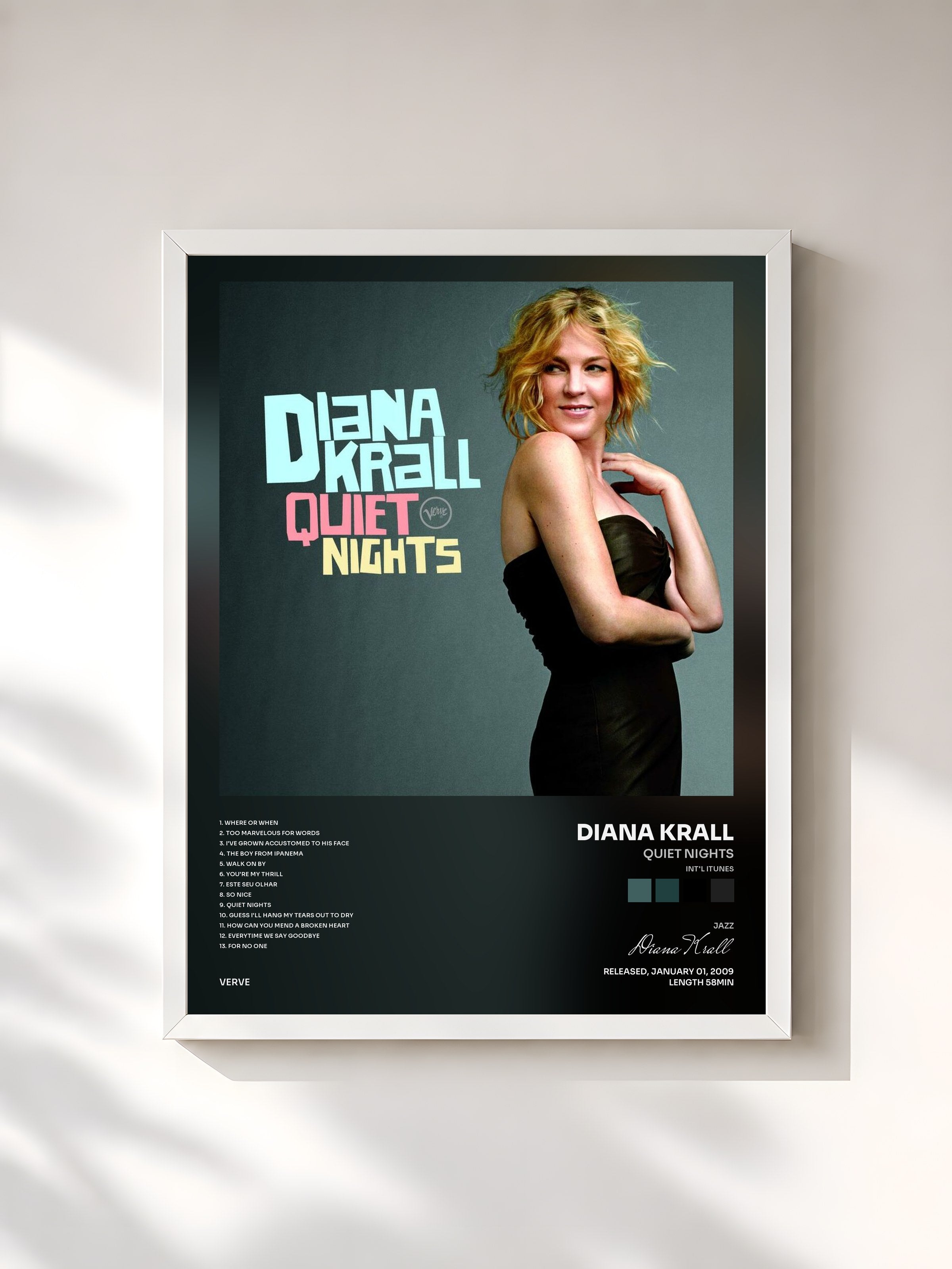 #blanc Tableau de l'album Quiet Nights (Int'l iTunes) de Diana Krall, cadre blanc, imprimé et encadré en France