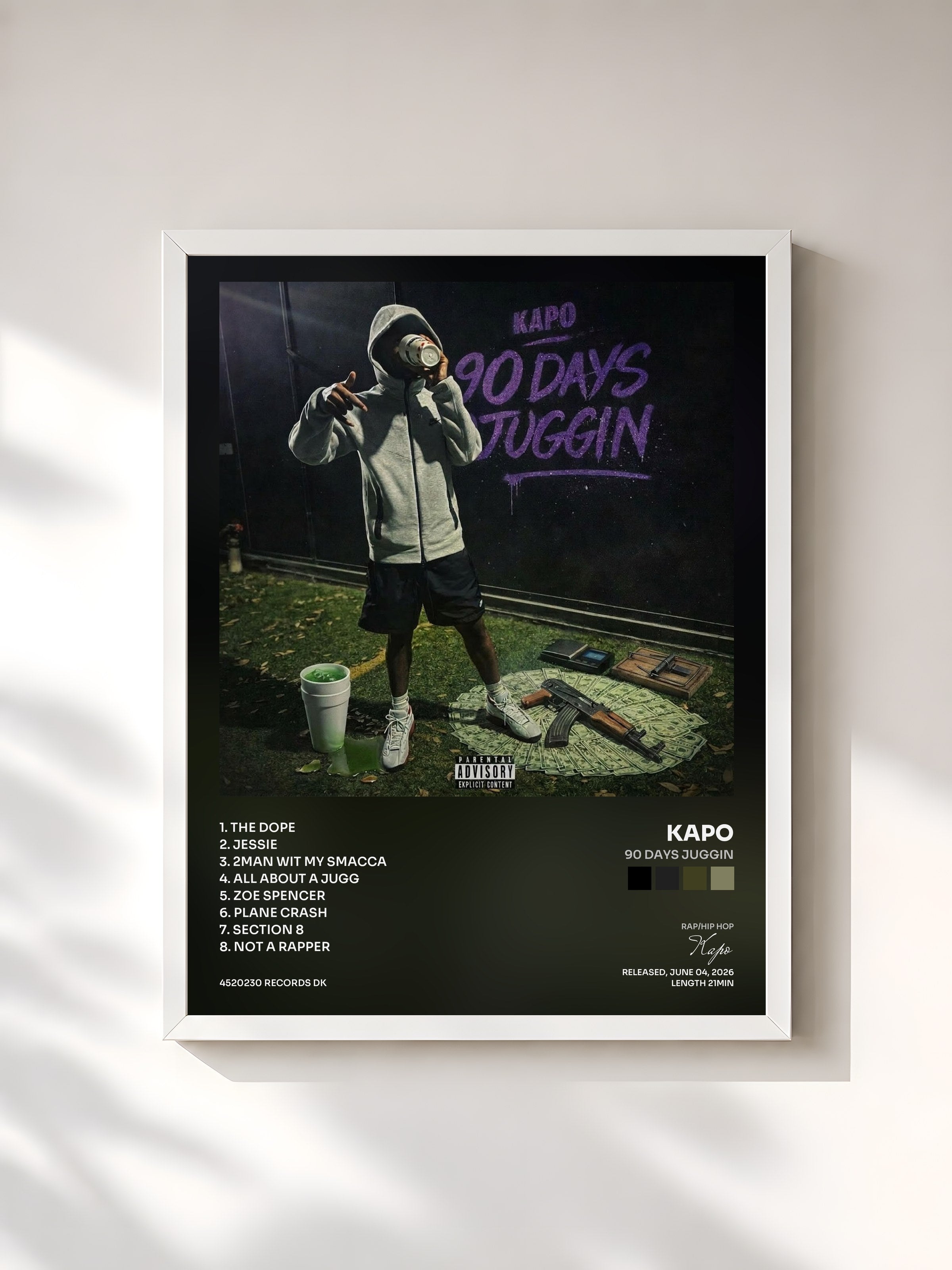 #blanc Tableau de l'album 90 DAYS JUGGIN de Kapo, cadre blanc, imprimé et encadré en France