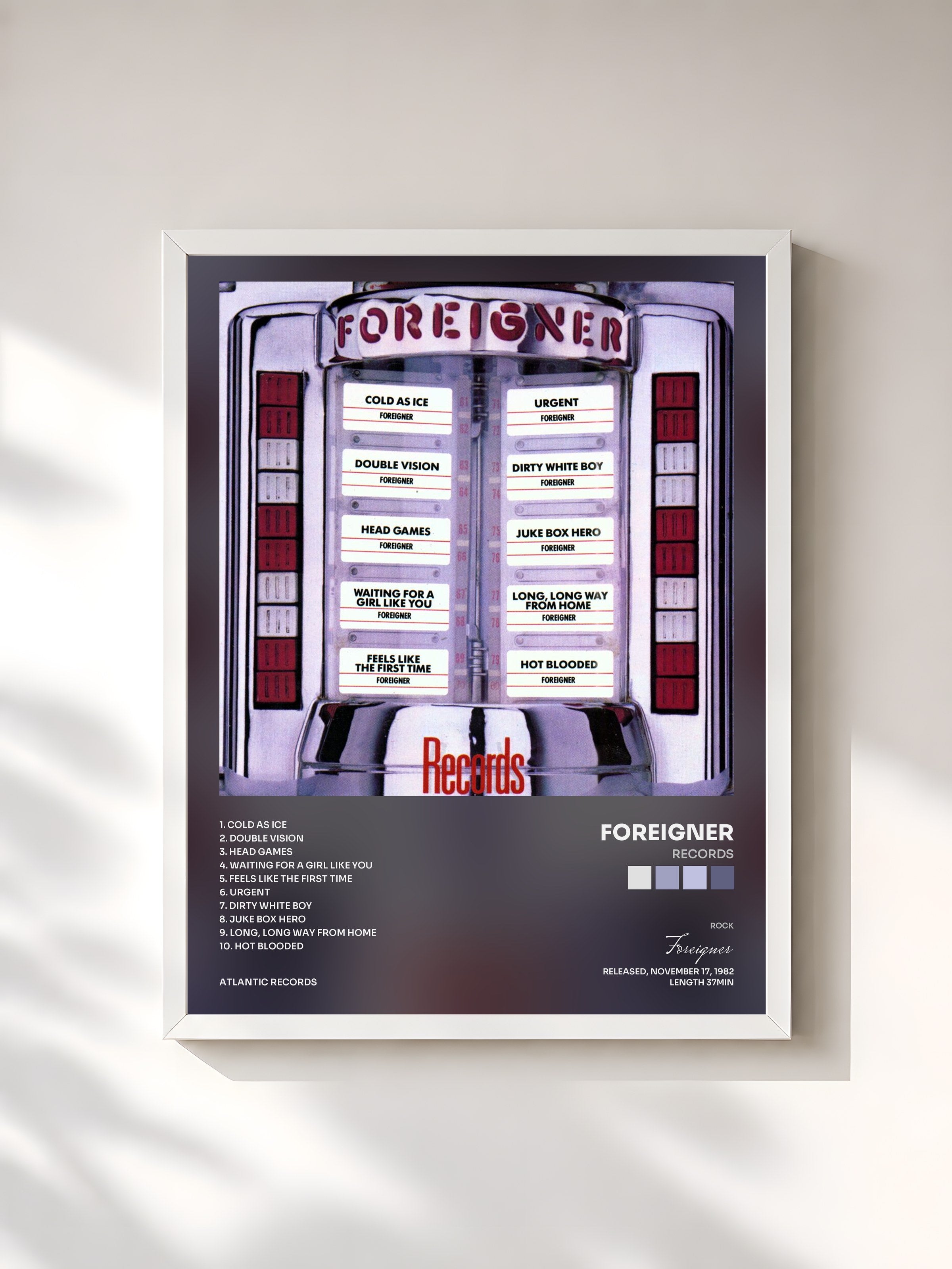 #blanc Tableau de l'album Records de Foreigner, cadre blanc, imprimé et encadré en France