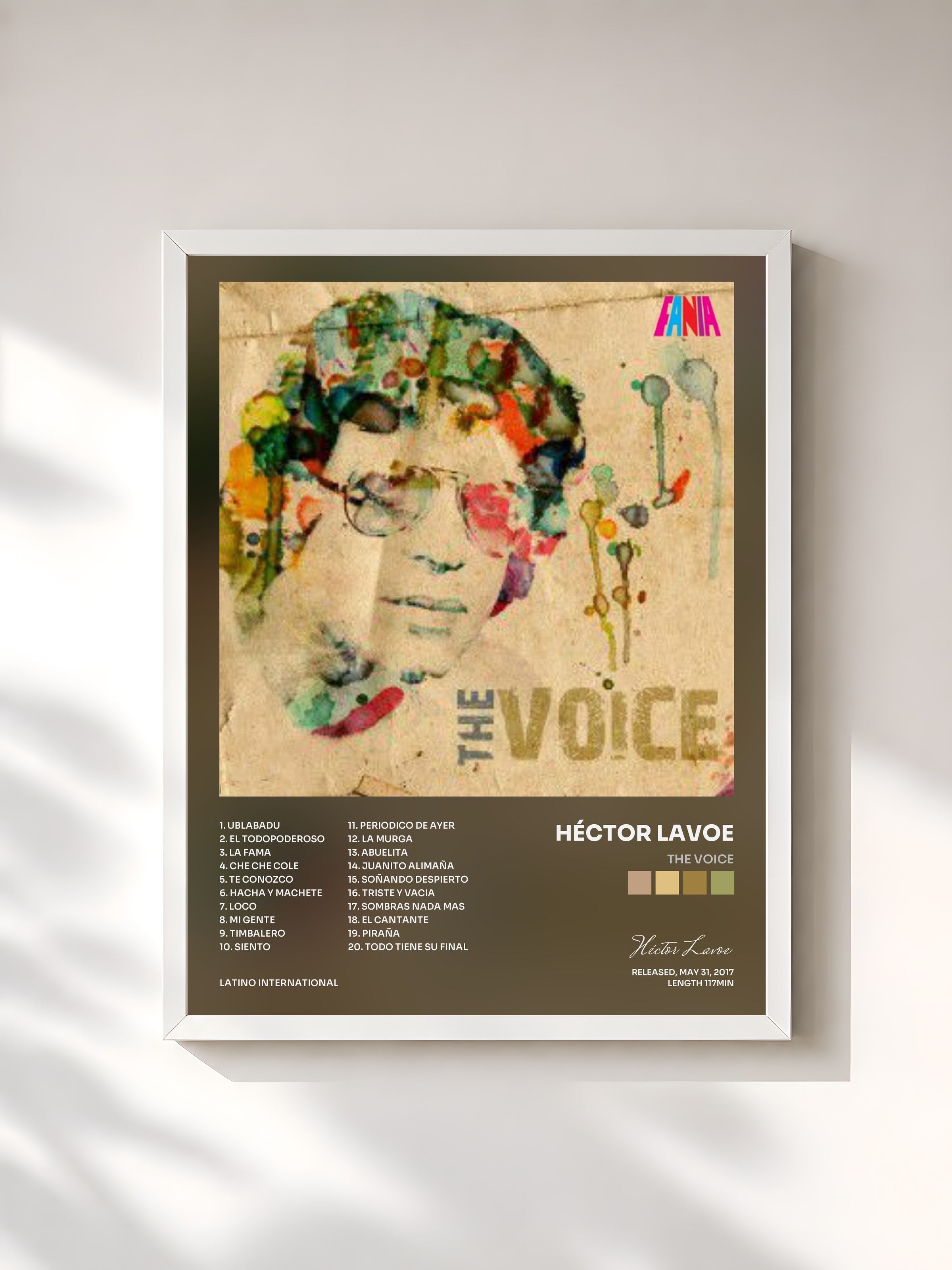 #blanc Tableau de l'album The Voice de Héctor Lavoe, cadre blanc, imprimé et encadré en France