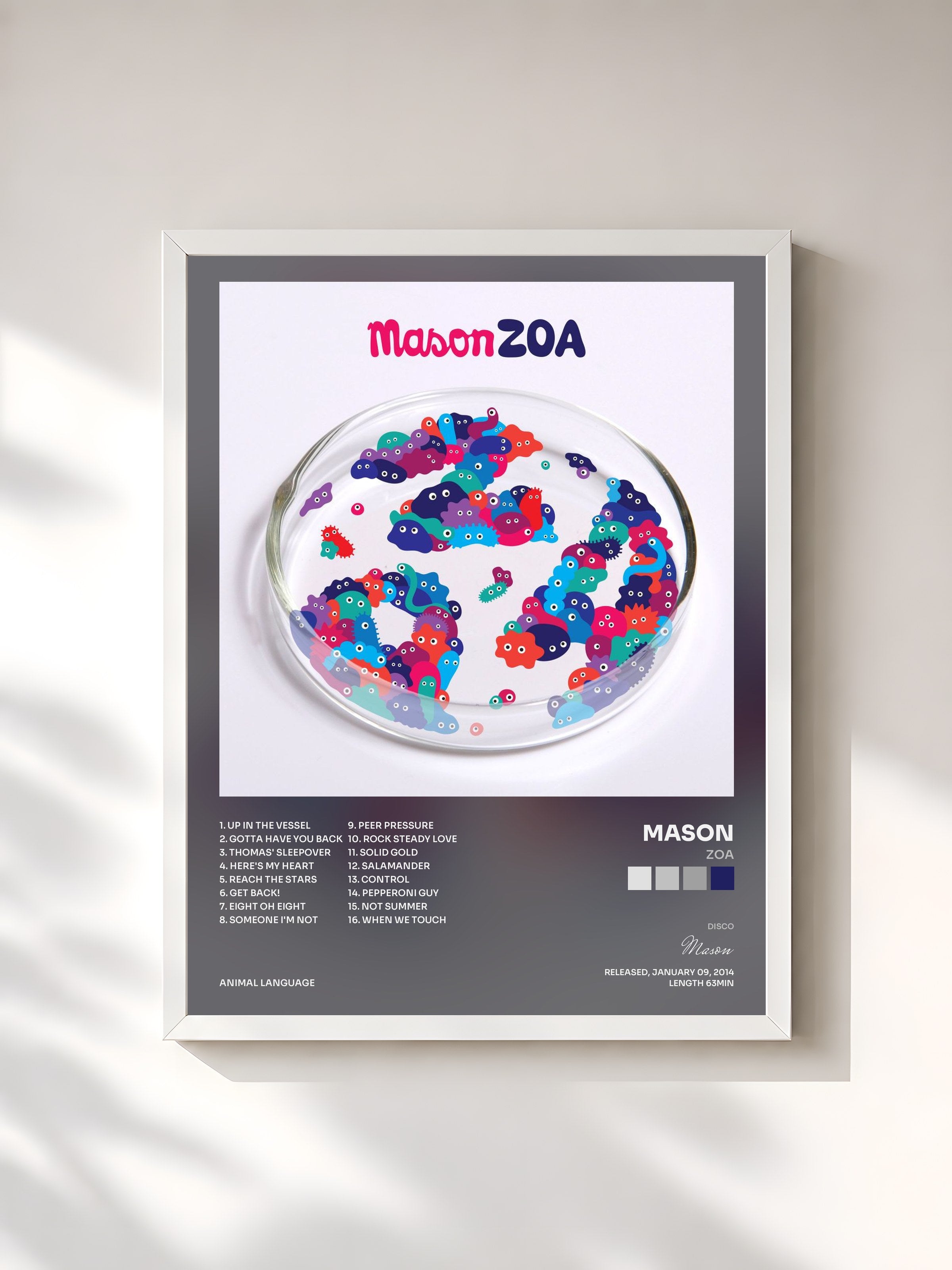#blanc Tableau de l'album ZOA de Mason, cadre blanc, imprimé et encadré en France