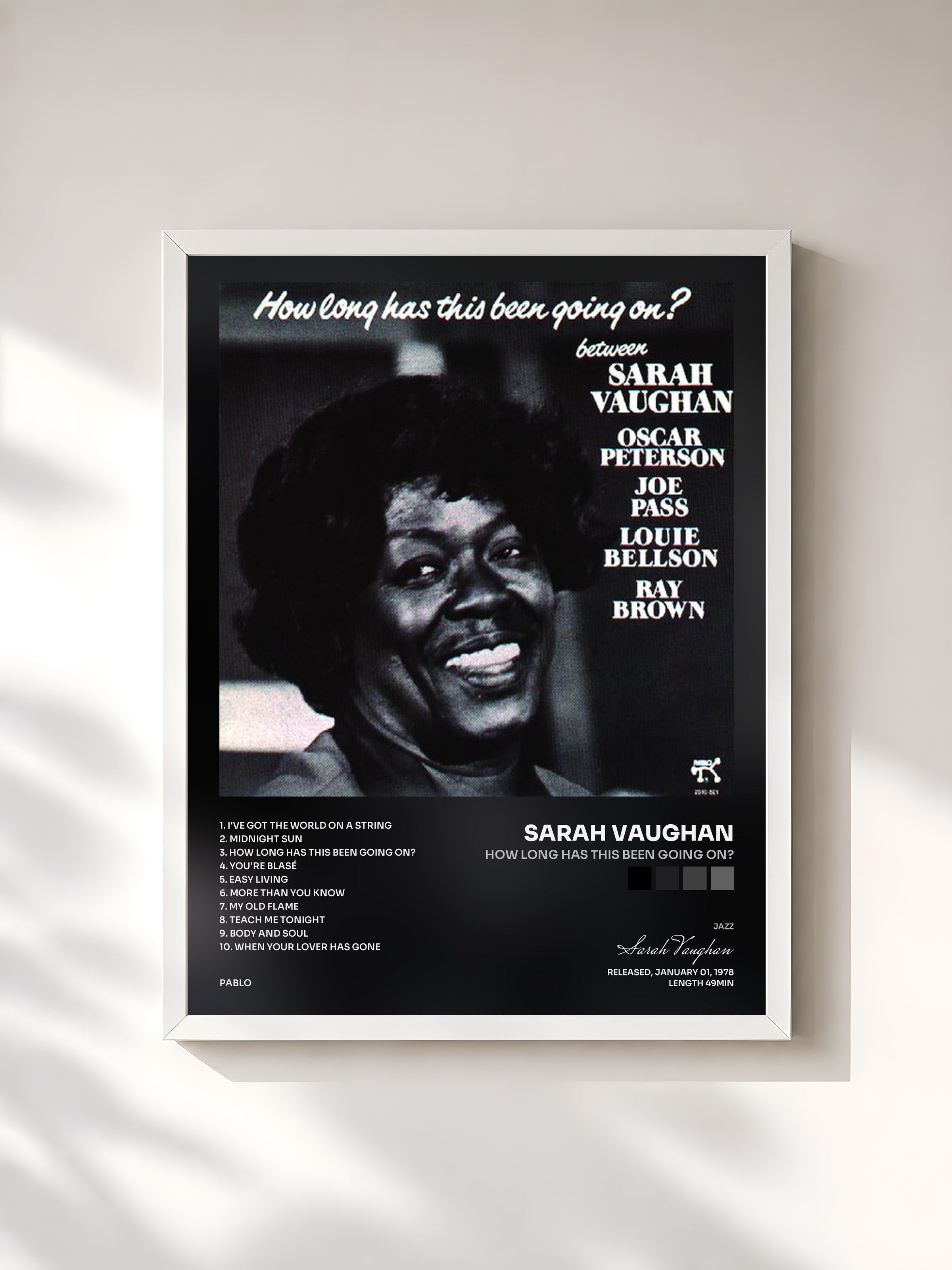 #blanc Tableau de l'album How Long Has This Been Going On? de Sarah Vaughan, cadre blanc, imprimé et encadré en France