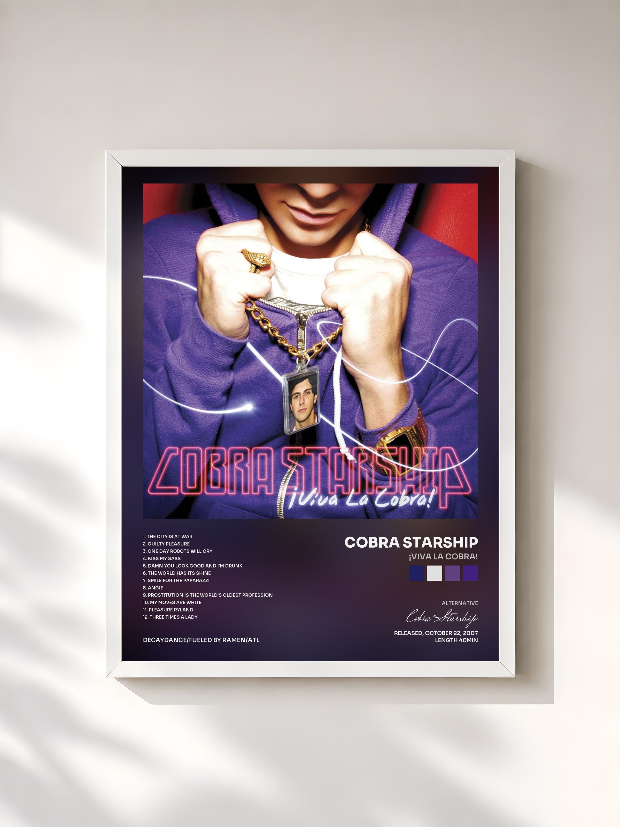 #blanc Tableau de l'album ¡Viva la Cobra! de Cobra Starship, cadre blanc, imprimé et encadré en France