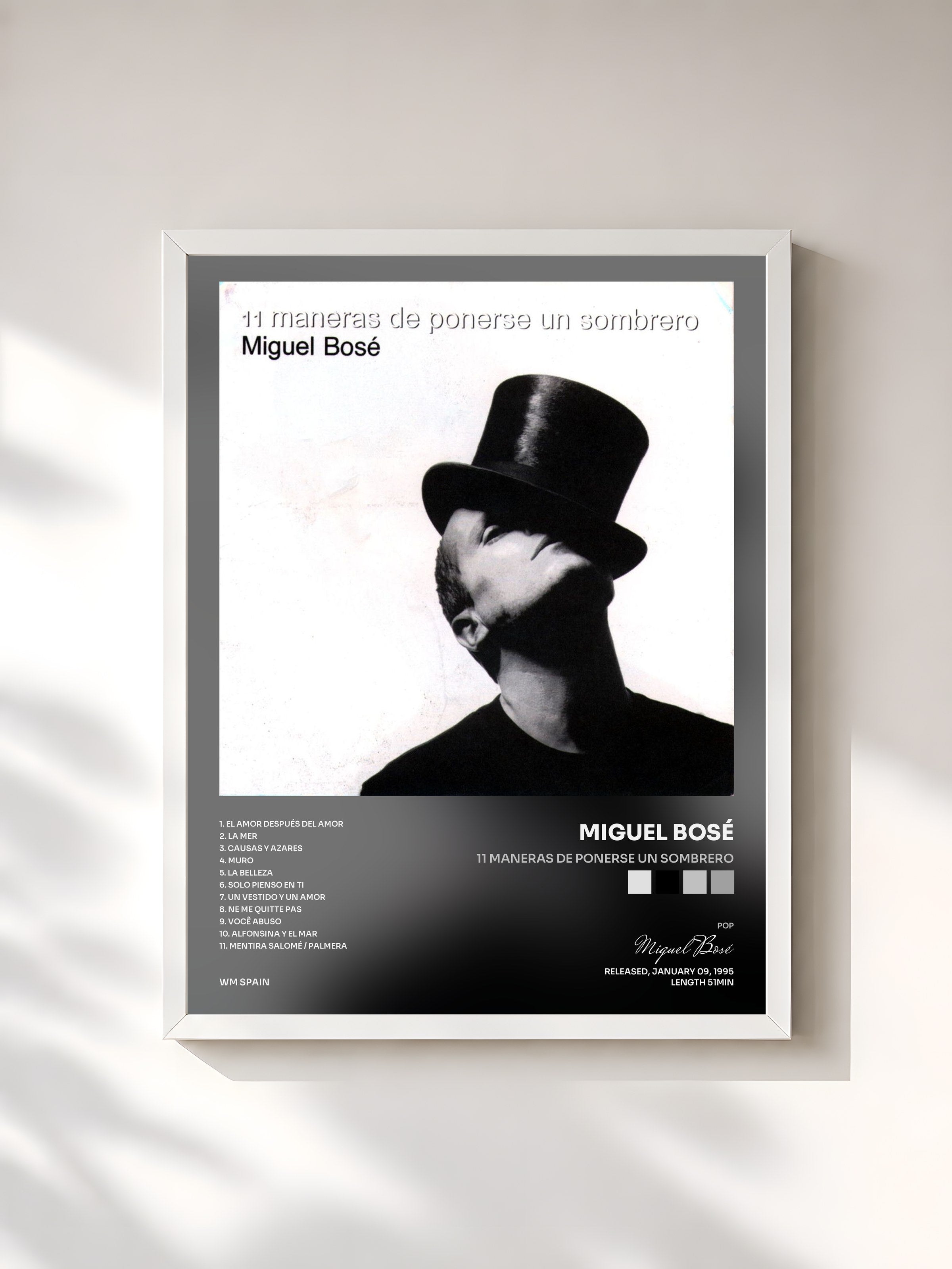 #blanc Tableau de l'album 11 Maneras De Ponerse Un Sombrero de Miguel Bosé, cadre blanc, imprimé et encadré en France