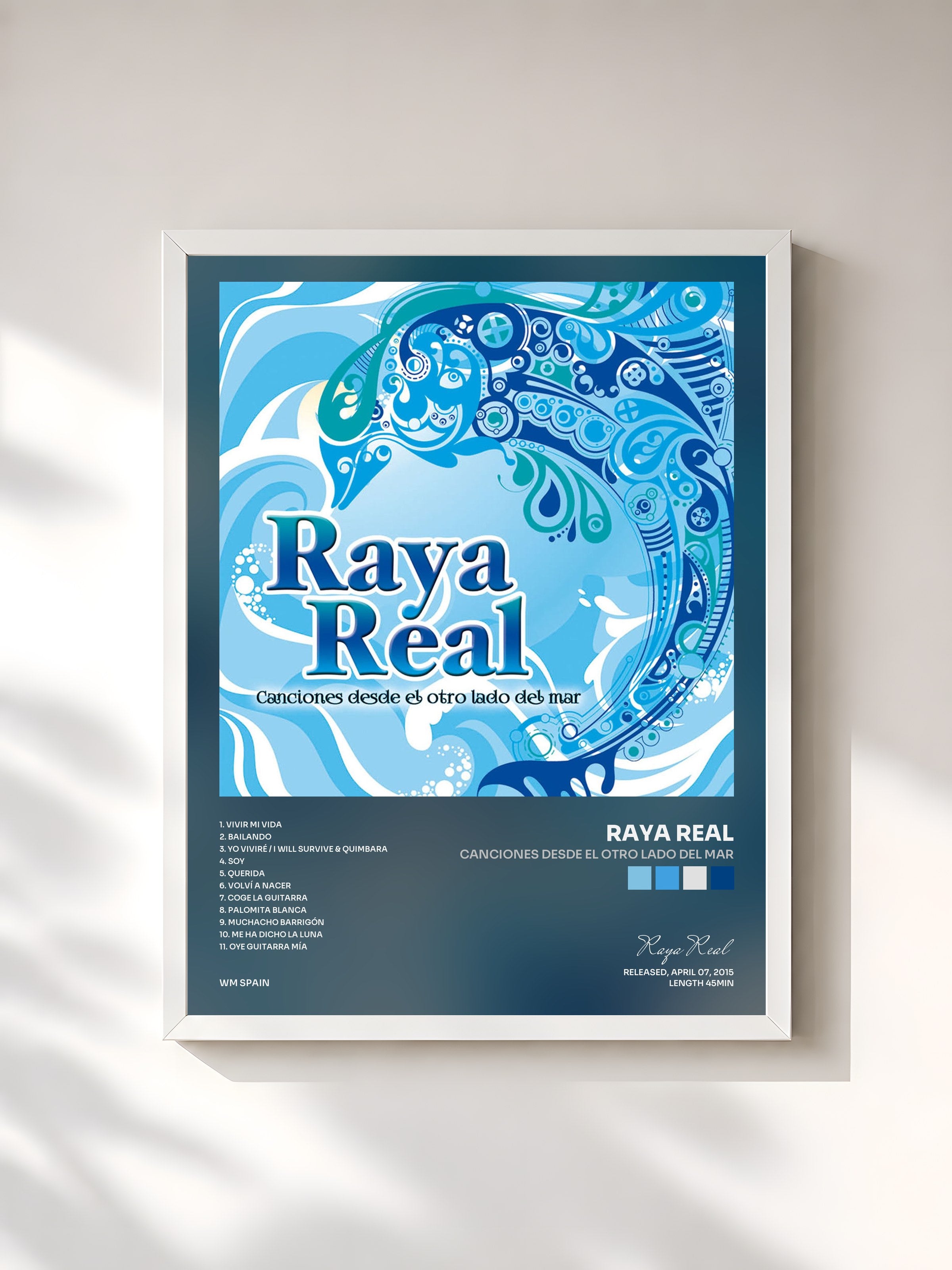 #blanc Tableau de l'album Canciones desde el otro lado del mar de Raya Real, cadre blanc, imprimé et encadré en France