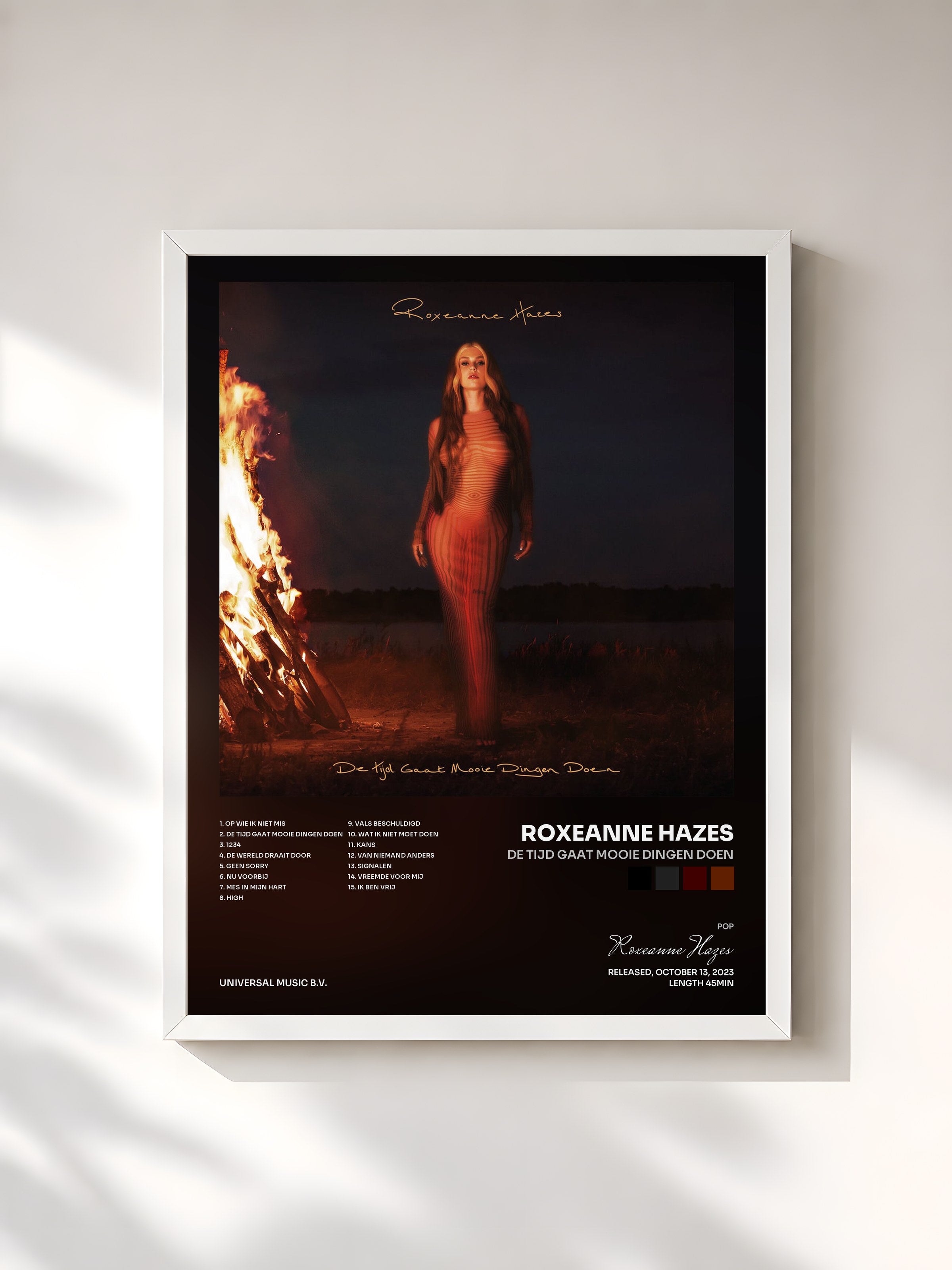 #blanc Tableau de l'album De Tijd Gaat Mooie Dingen Doen de Roxeanne Hazes, cadre blanc, imprimé et encadré en France