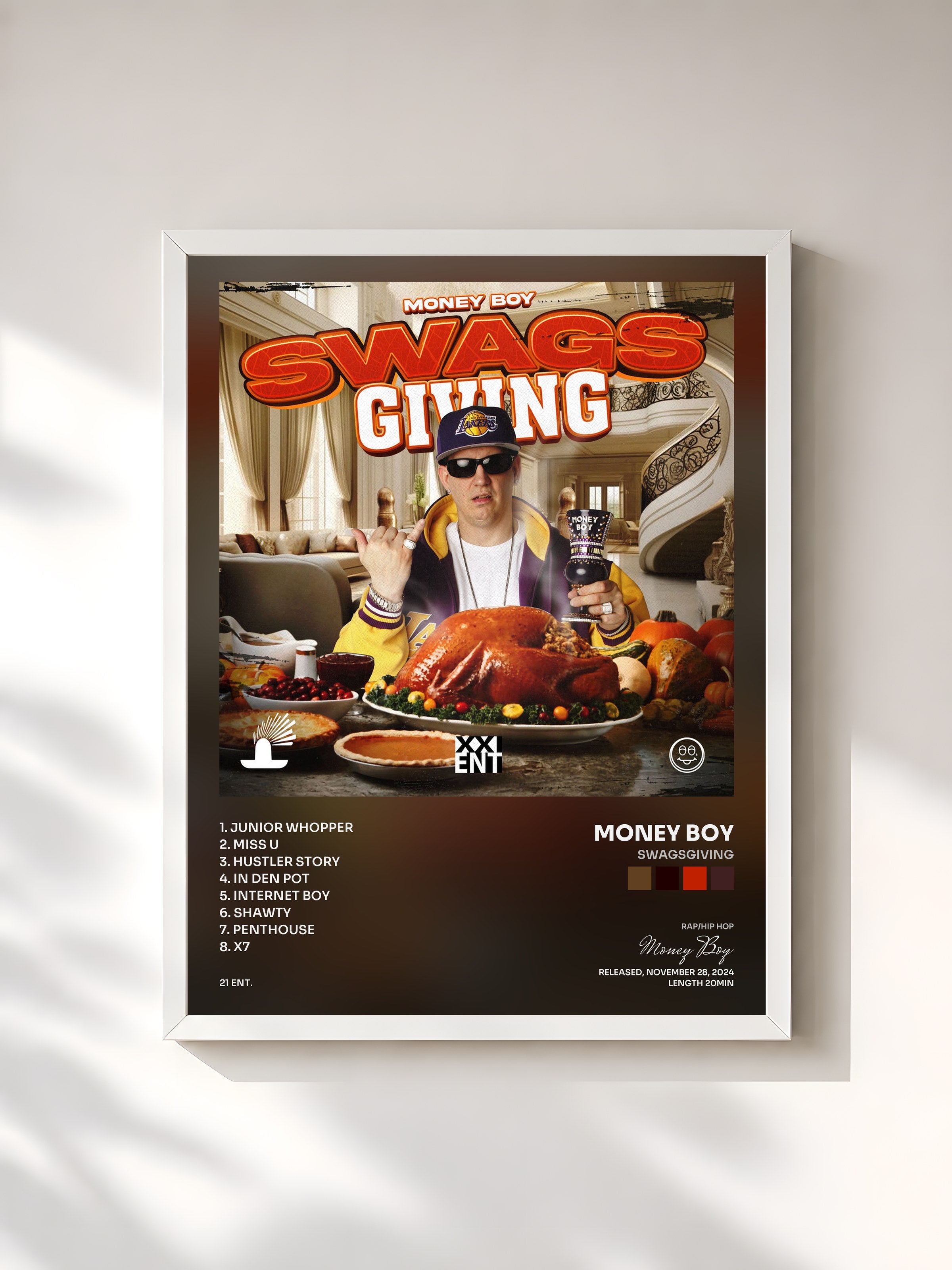 #blanc Tableau de l'album SWAGSGIVING de Money Boy, cadre blanc, imprimé et encadré en France