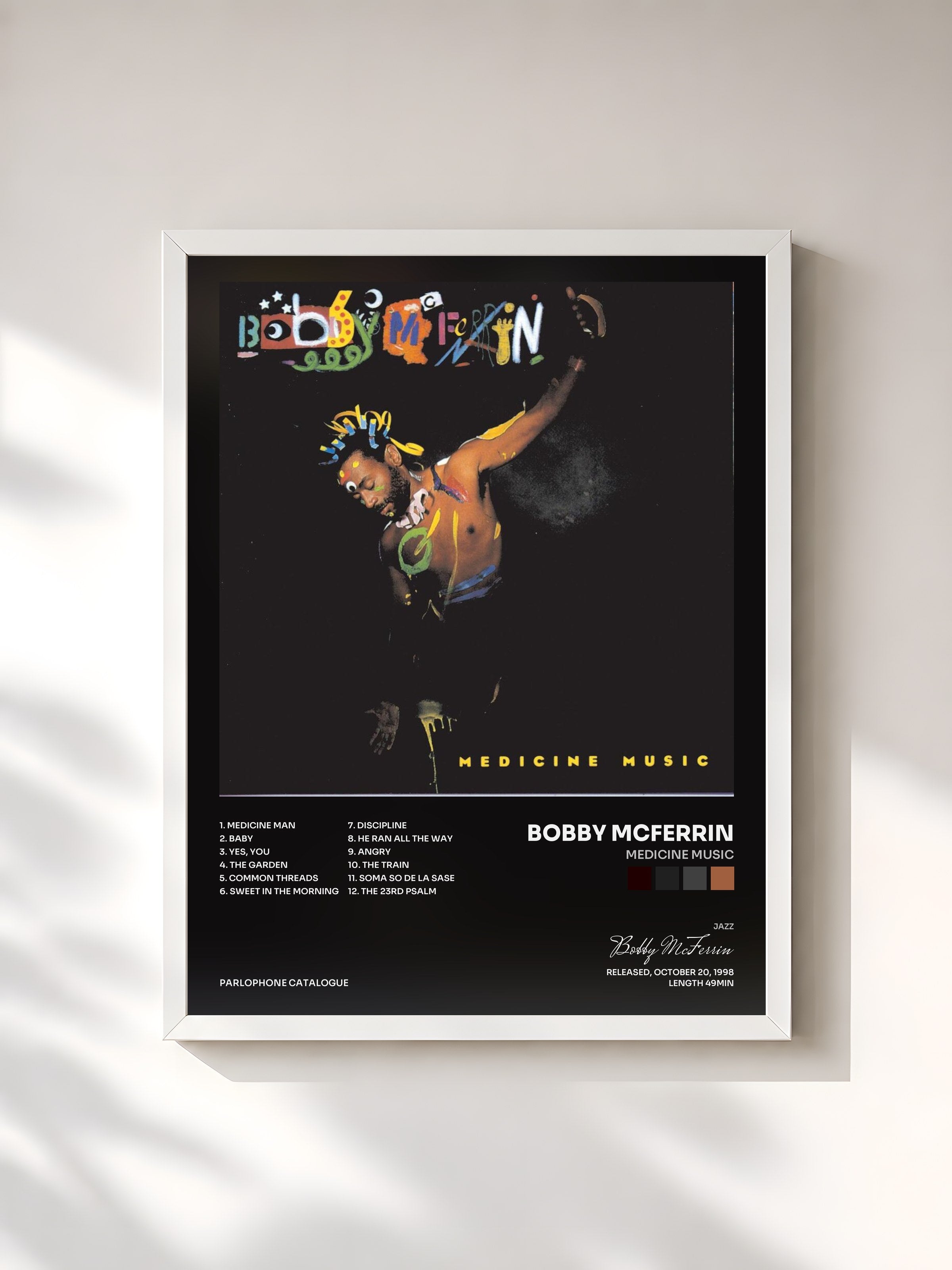 #blanc Tableau de l'album Medicine Music de Bobby McFerrin, cadre blanc, imprimé et encadré en France