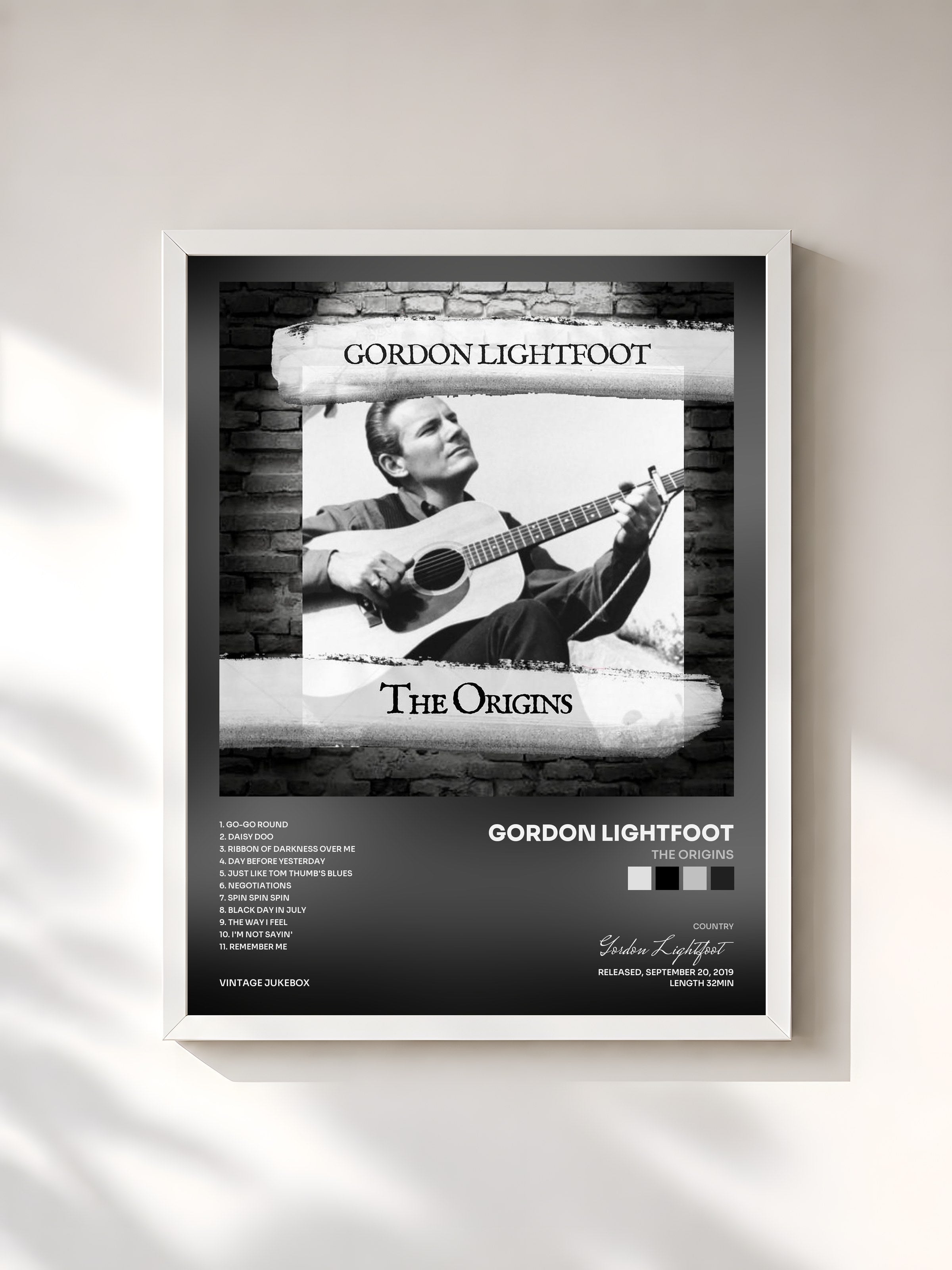 #blanc Tableau de l'album The Origins de Gordon Lightfoot, cadre blanc, imprimé et encadré en France