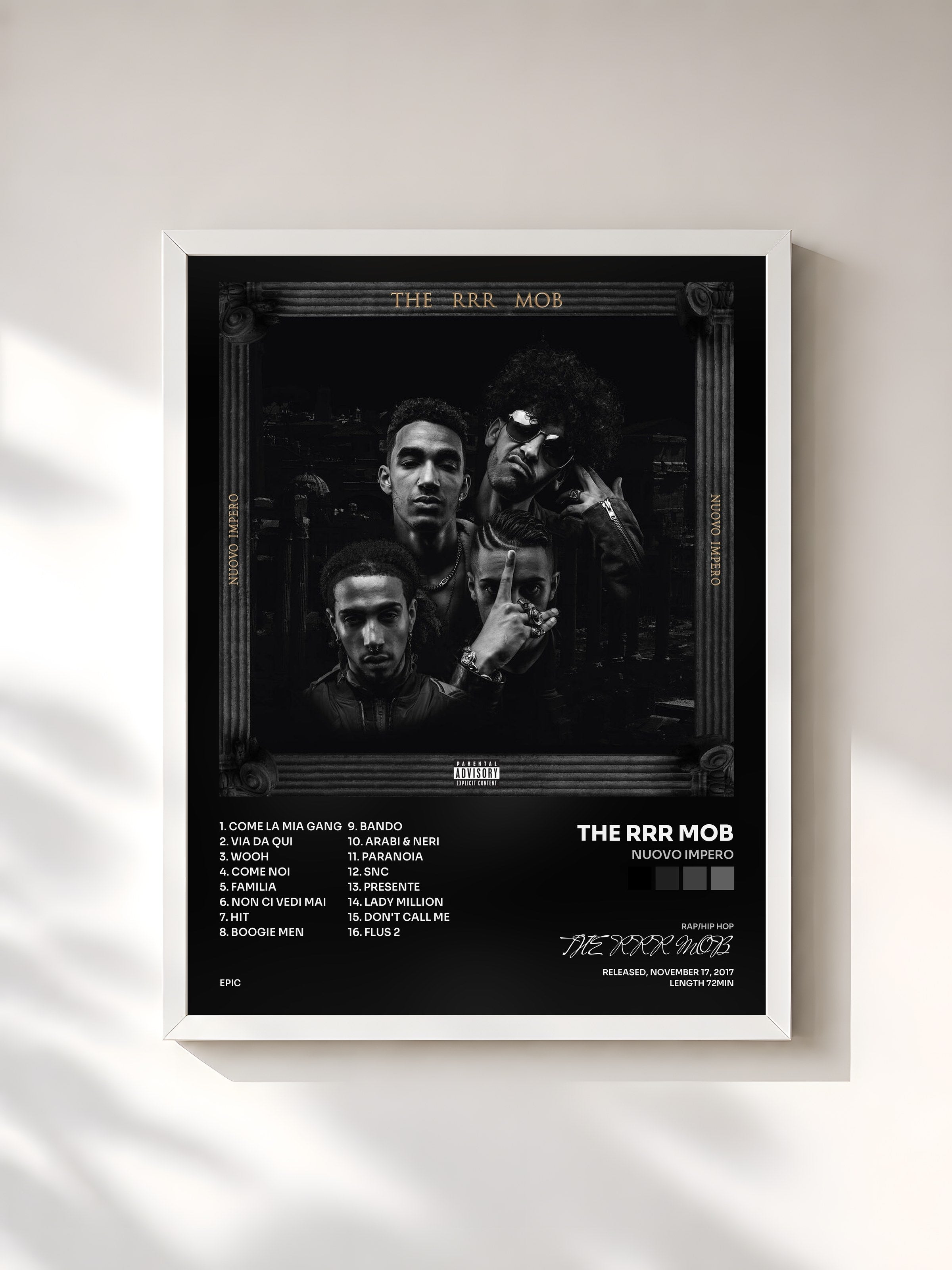 #blanc Tableau de l'album Nuovo Impero de THE RRR MOB, cadre blanc, imprimé et encadré en France