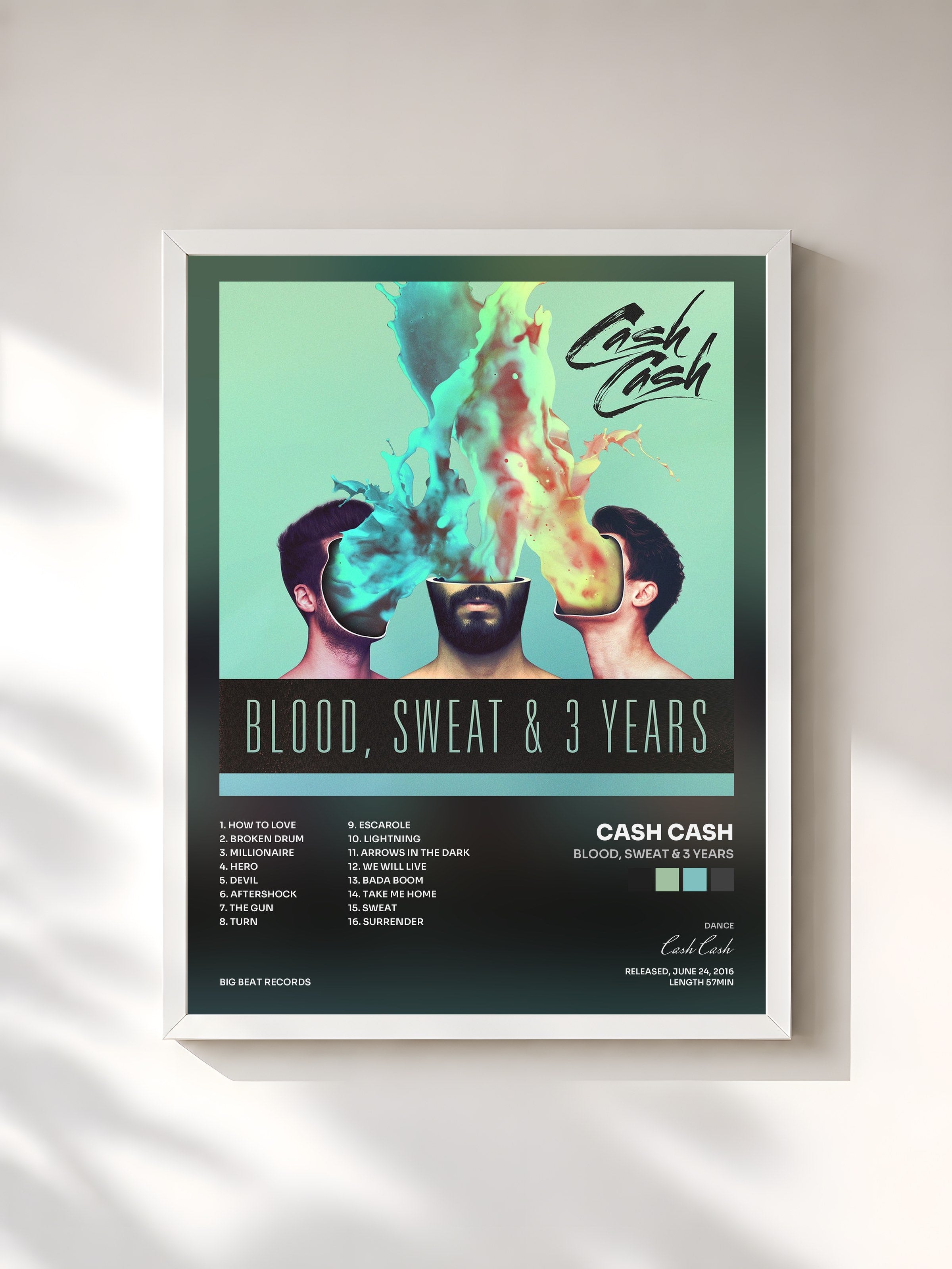 #blanc Tableau de l'album Blood, Sweat & 3 Years de Cash Cash, cadre blanc, imprimé et encadré en France