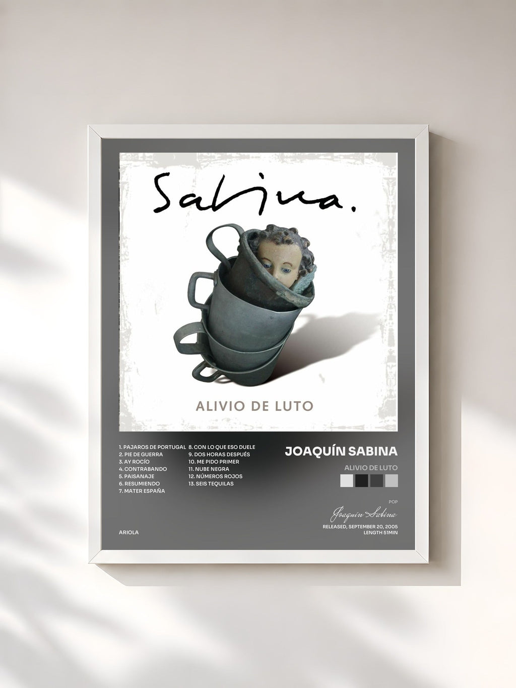 #blanc Alivio De Luto de Joaquín Sabina en lámina enmarcada, marco blanco, impresa y enmarcada en Francia