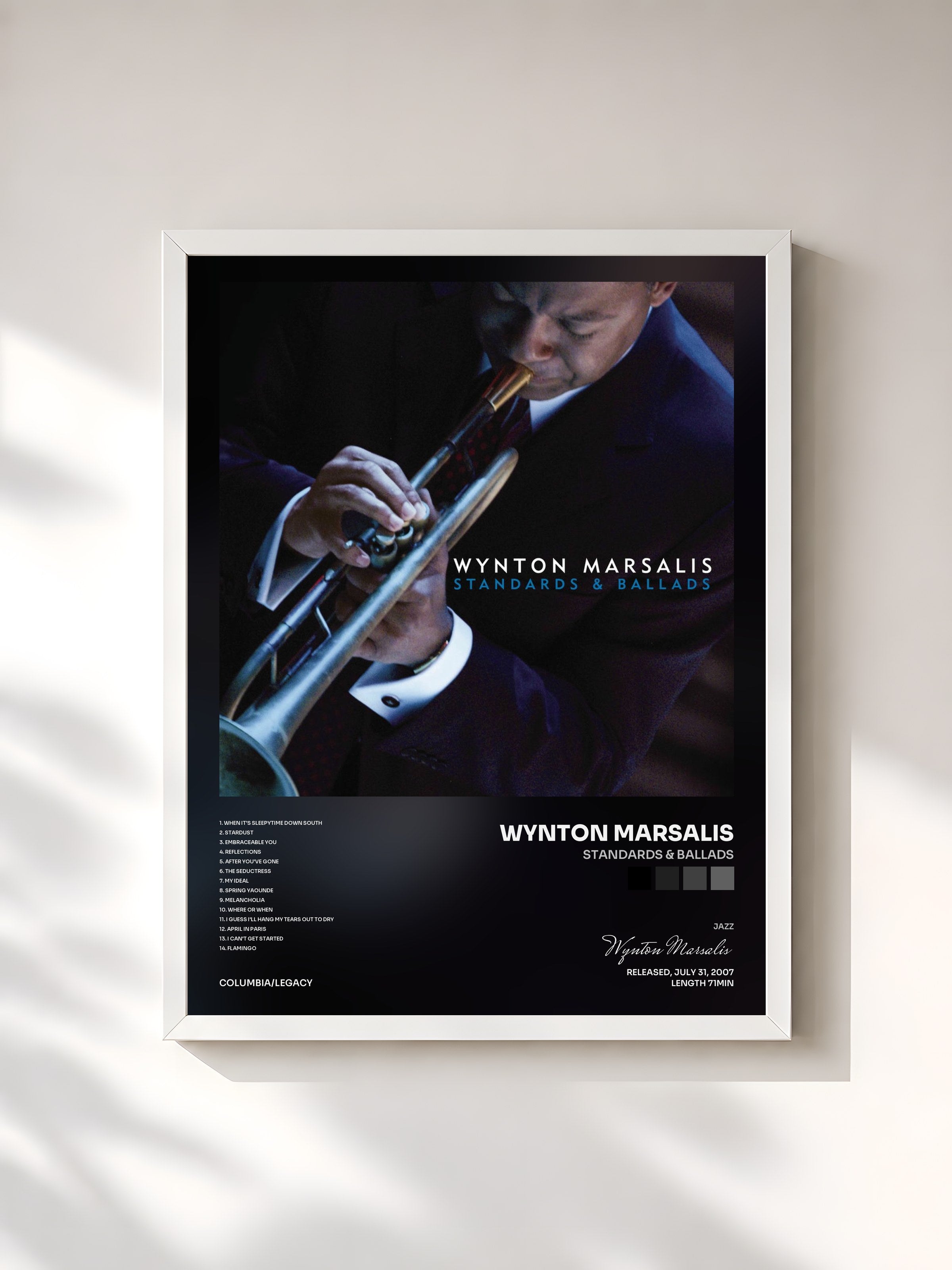#blanc Tableau de l'album Standards & Ballads de Wynton Marsalis, cadre blanc, imprimé et encadré en France