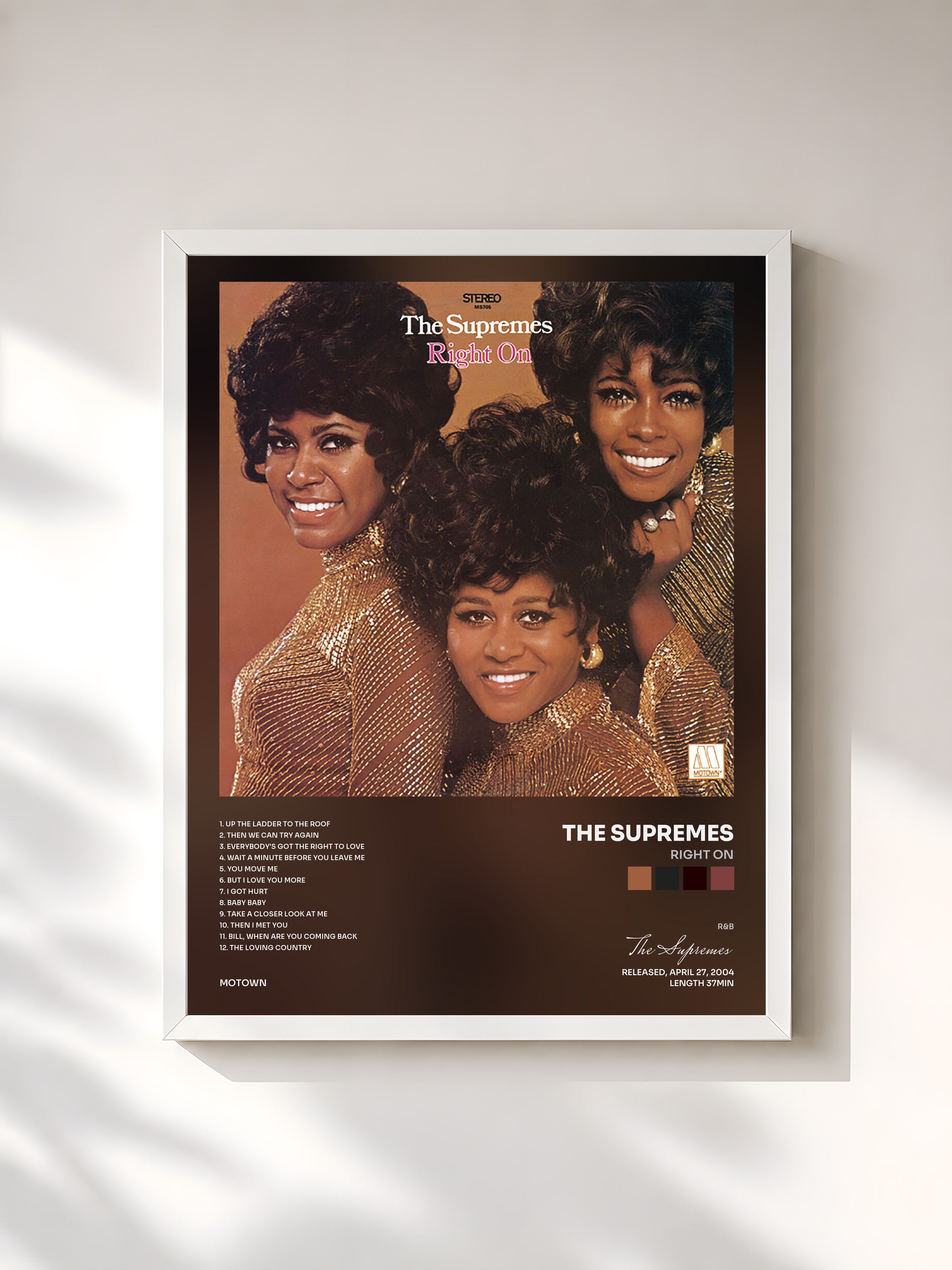 #blanc Tableau de l'album Right On de The Supremes, cadre blanc, imprimé et encadré en France