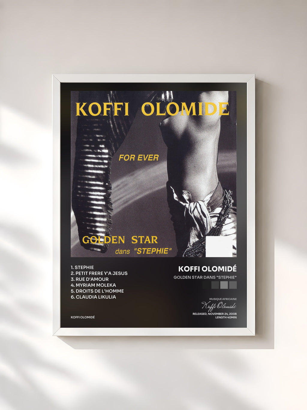 #blanc Tableau de l'album Golden Star dans "Stephie" de Koffi Olomidé, cadre blanc, imprimé et encadré en France