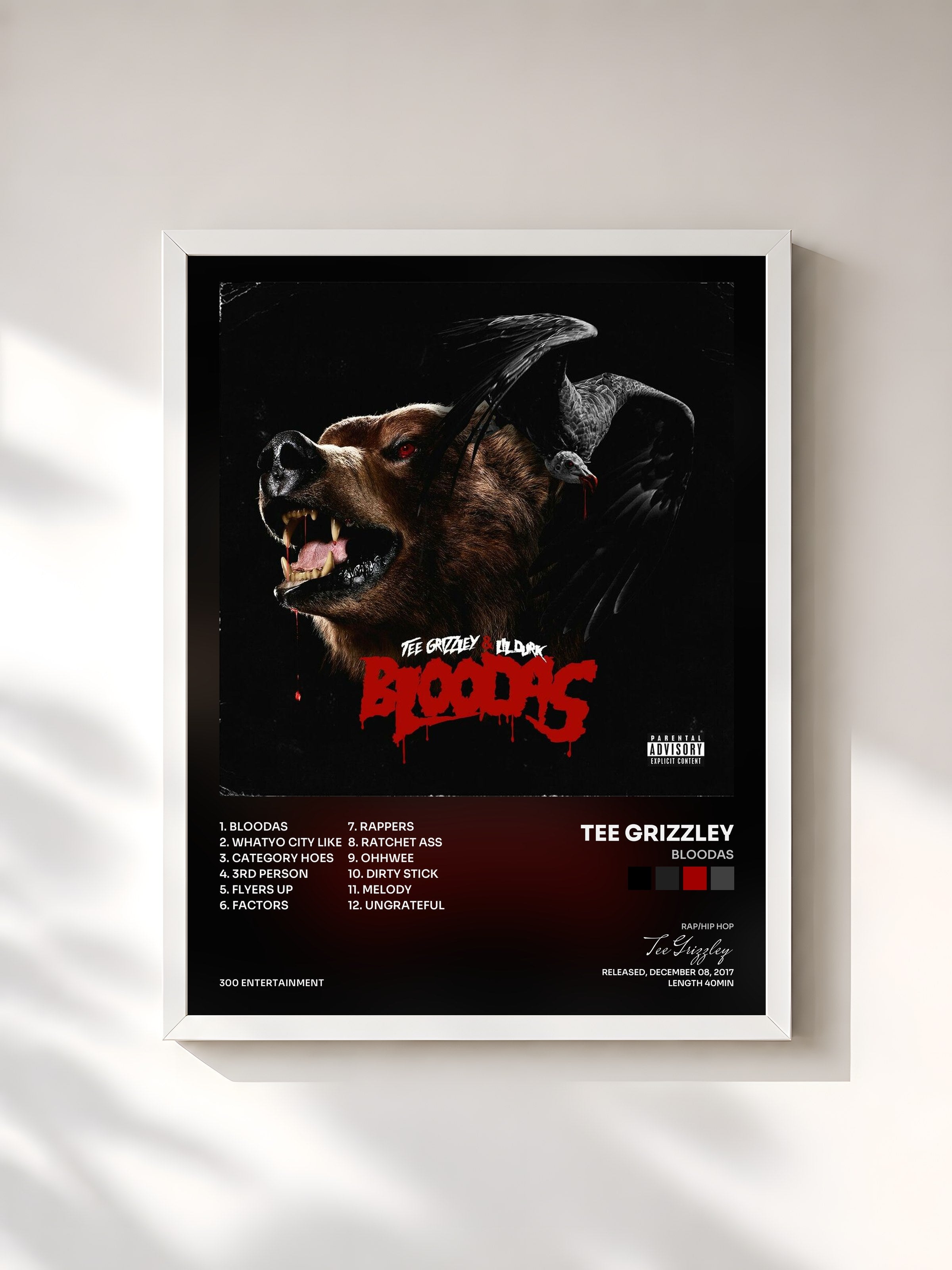 #blanc Tableau de l'album Bloodas de Tee Grizzley, cadre blanc, imprimé et encadré en France