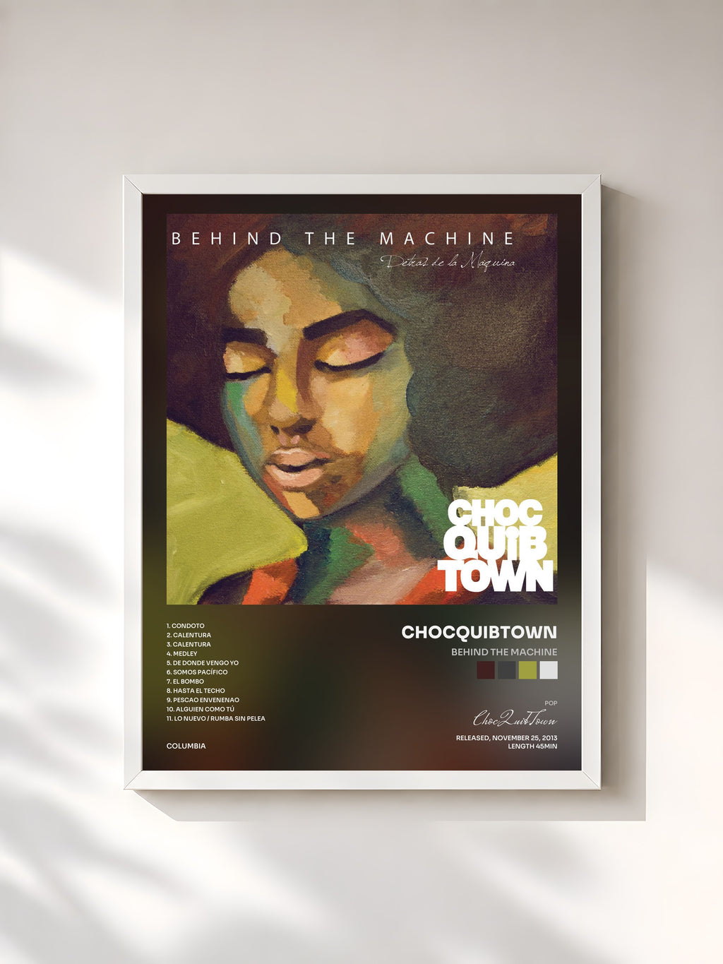 #blanc Tableau de l'album Behind The Machine de ChocQuibTown, cadre blanc, imprimé et encadré en France