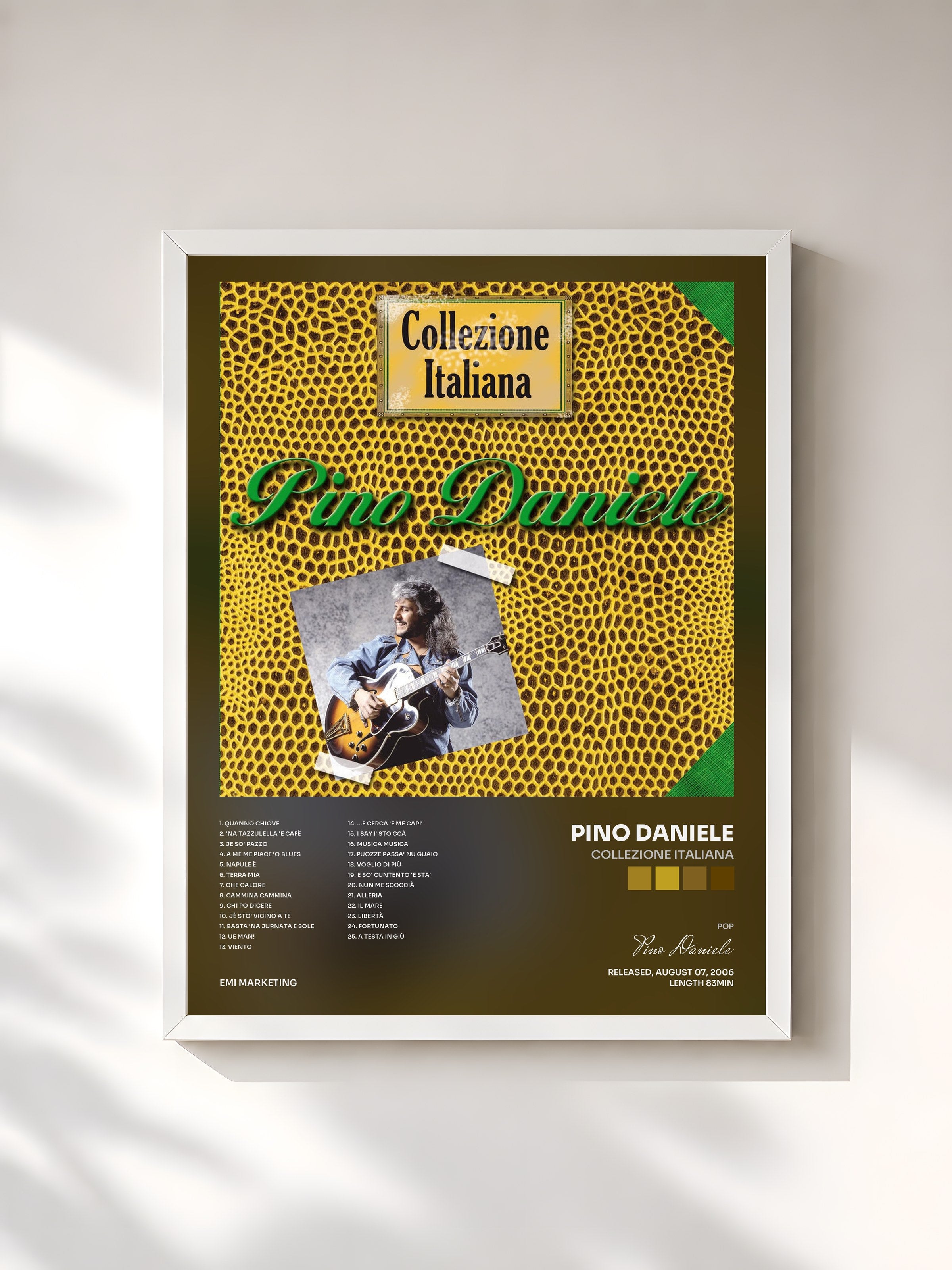 #blanc Tableau de l'album Collezione Italiana de Pino Daniele, cadre blanc, imprimé et encadré en France
