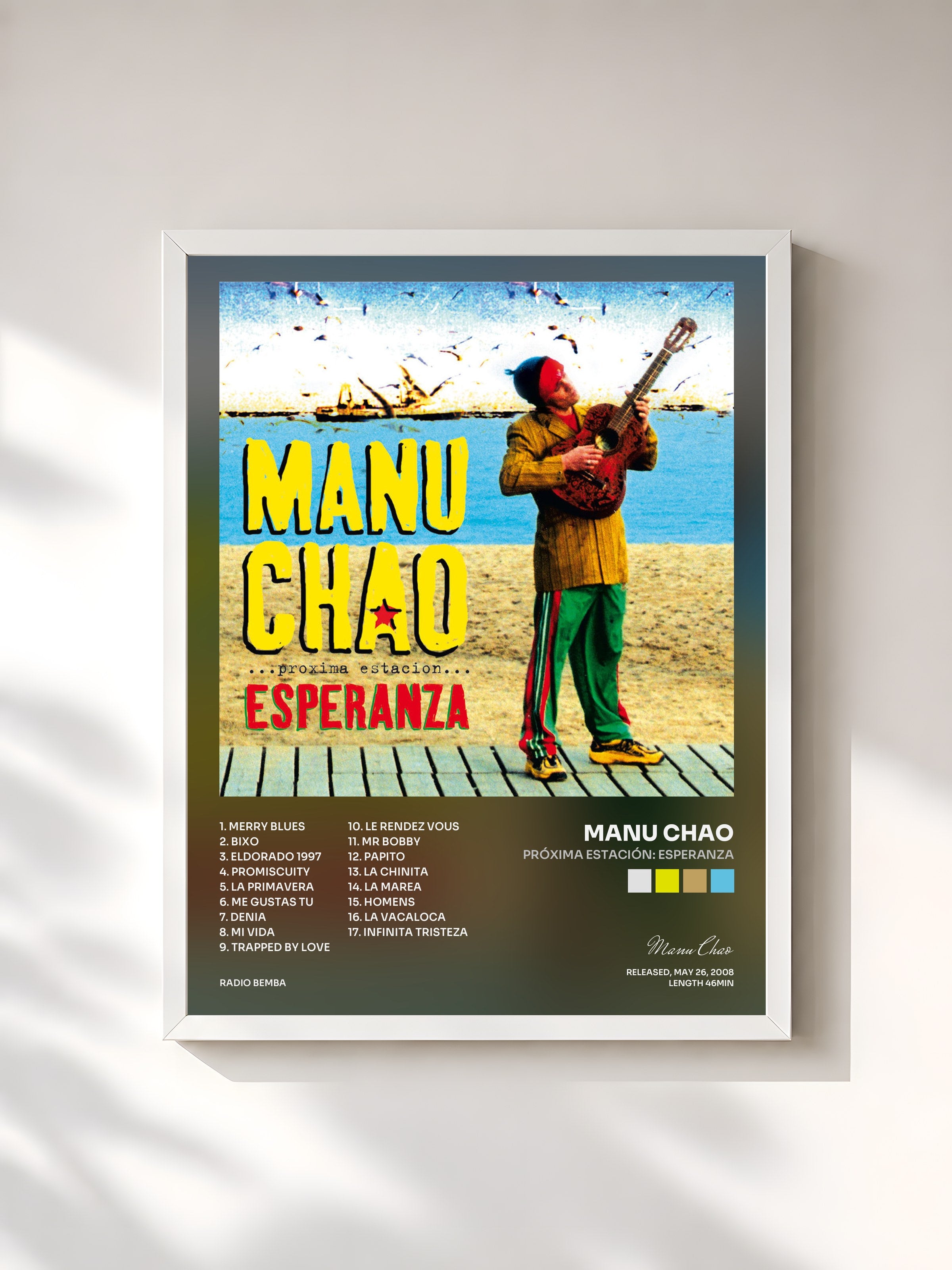#blanc Tableau de l'album Próxima Estación: Esperanza de Manu Chao, cadre blanc, imprimé et encadré en France