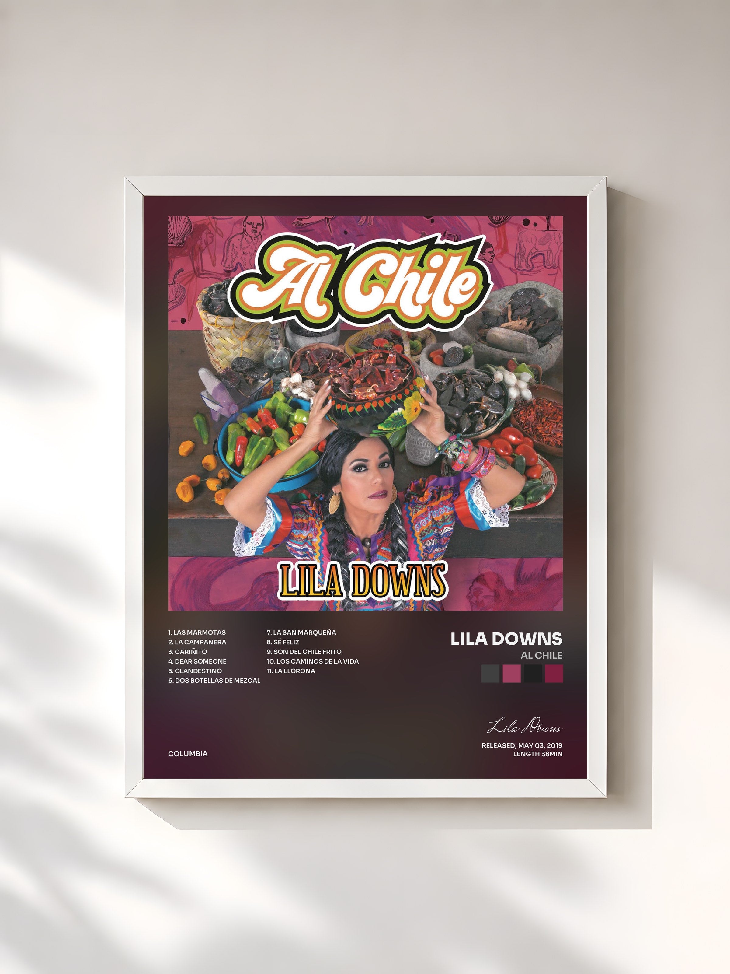 #blanc Tableau de l'album Al Chile de Lila Downs, cadre blanc, imprimé et encadré en France