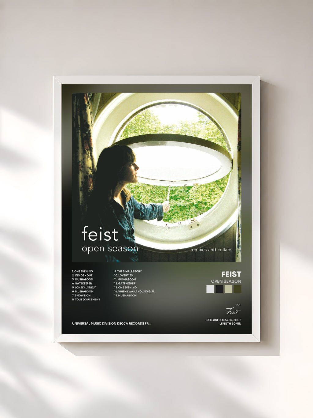 #blanc Tableau de l'album Open Season de Feist, cadre blanc, imprimé et encadré en France