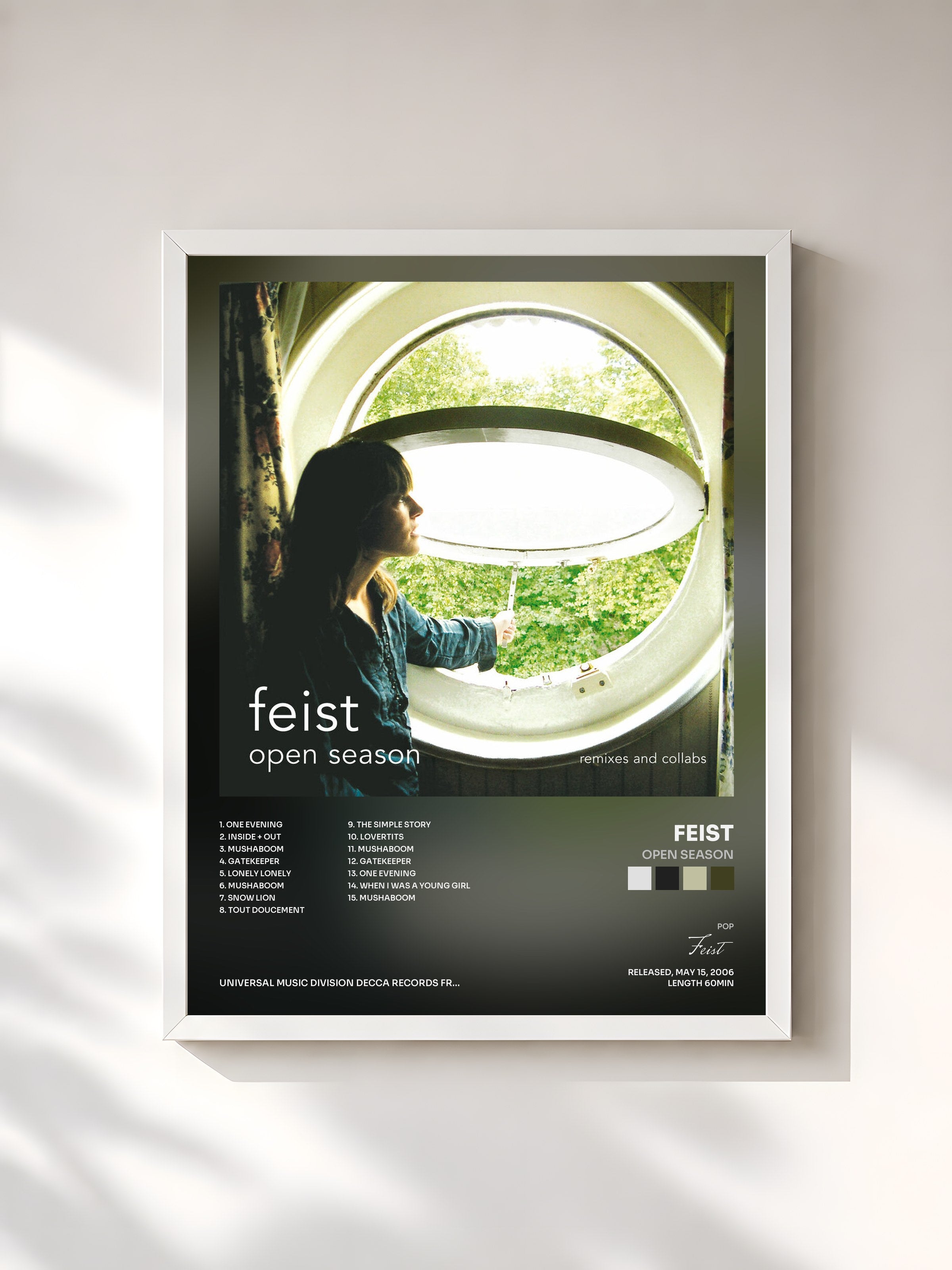 #blanc Tableau de l'album Open Season de Feist, cadre blanc, imprimé et encadré en France