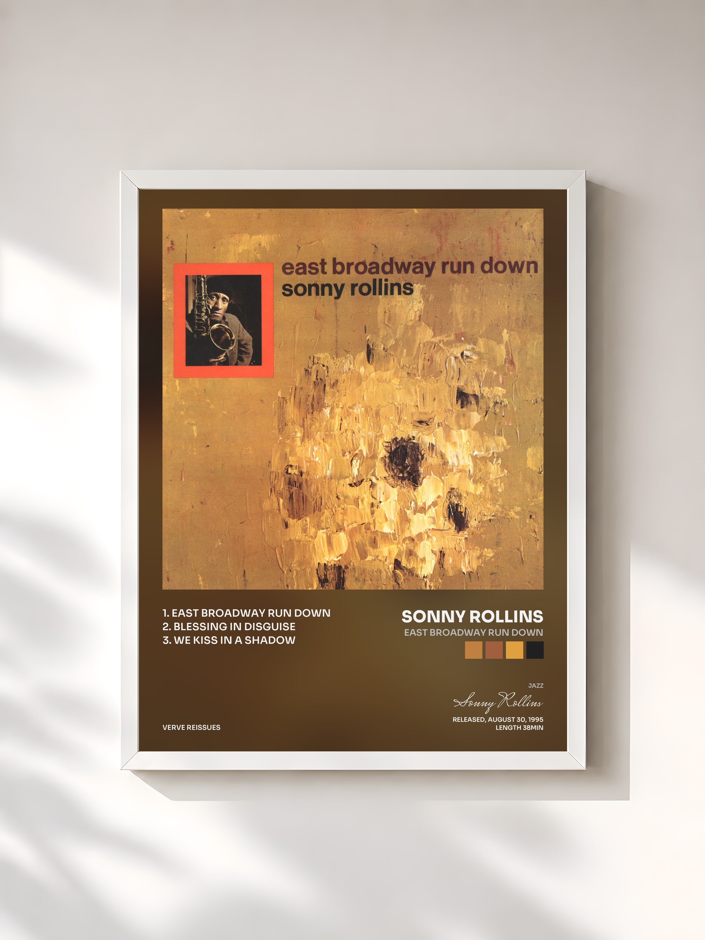 #blanc Tableau de l'album East Broadway Run Down de Sonny Rollins, cadre blanc, imprimé et encadré en France
