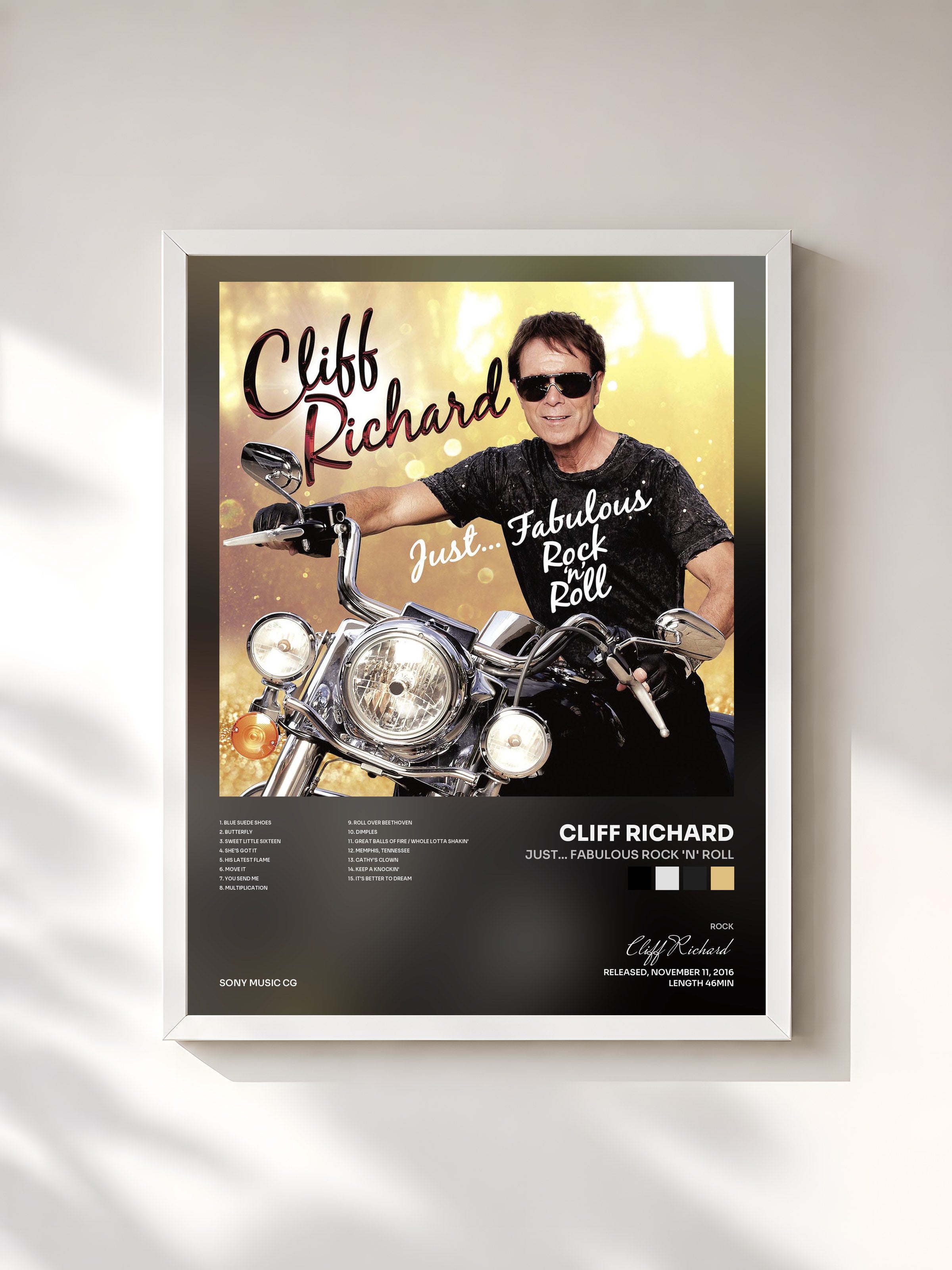 #blanc Tableau de l'album Just... Fabulous Rock 'n' Roll de Cliff Richard, cadre blanc, imprimé et encadré en France