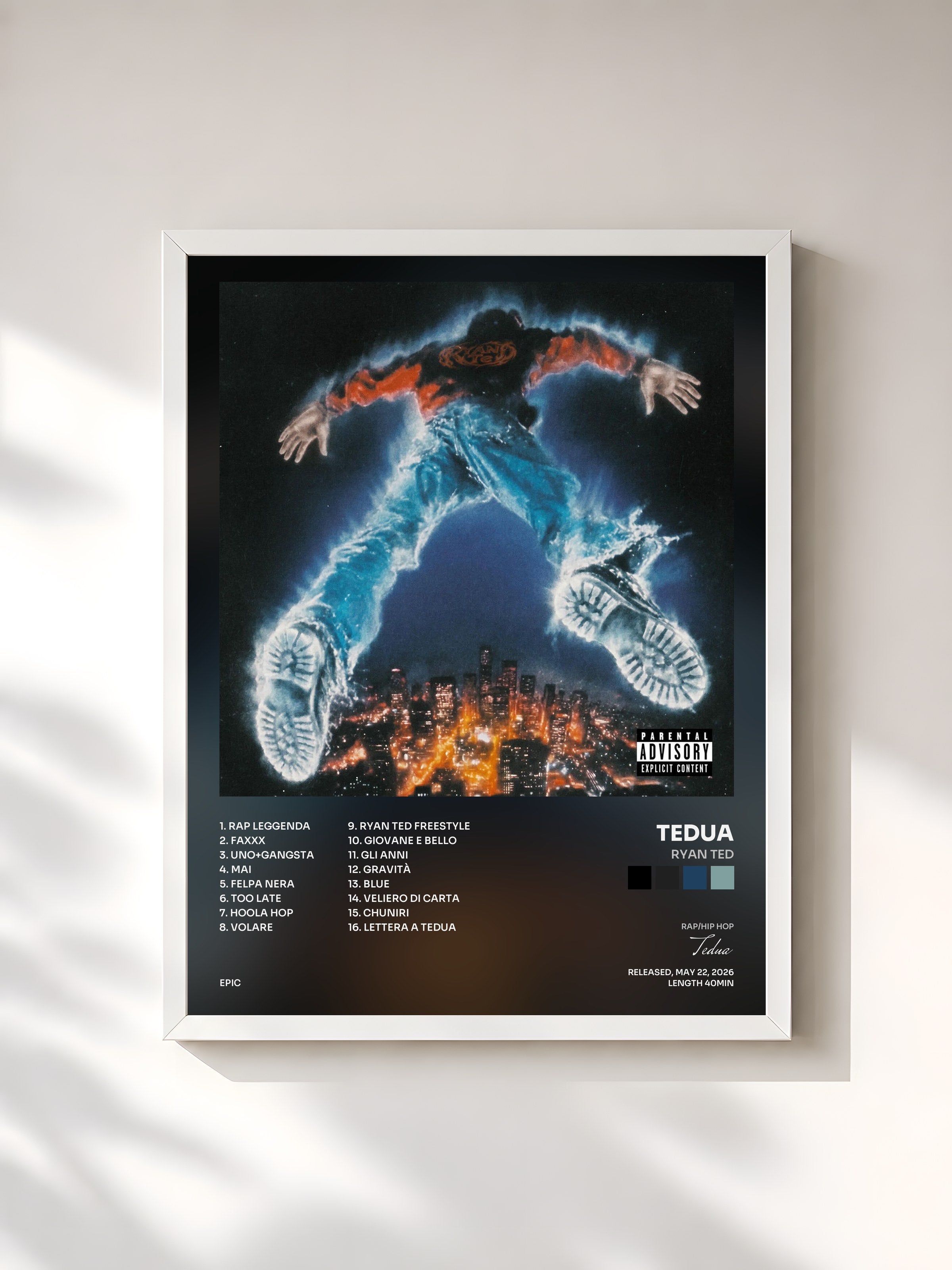 #blanc Tableau de l'album RYAN TED de Tedua, cadre blanc, imprimé et encadré en France