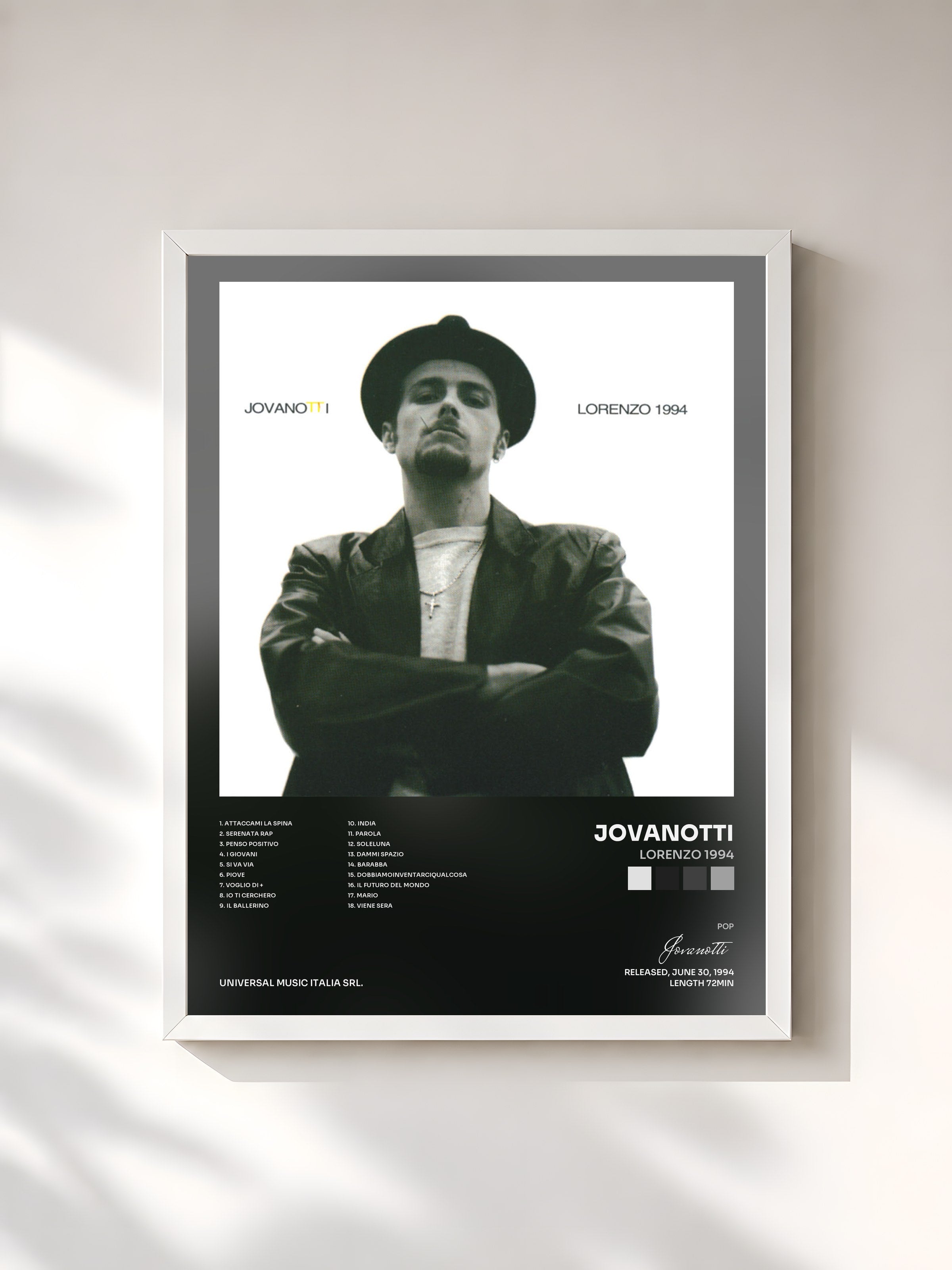 #blanc Tableau de l'album Lorenzo 1994 de Jovanotti, cadre blanc, imprimé et encadré en France