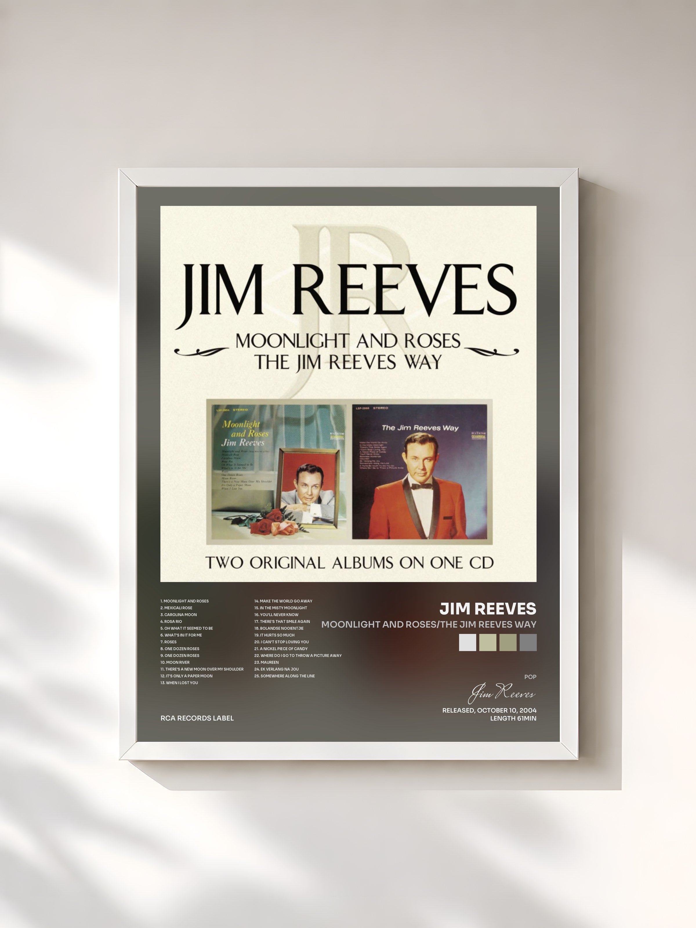 #blanc Tableau de l'album Moonlight and Roses/The Jim Reeves Way de Jim Reeves, cadre blanc, imprimé et encadré en France