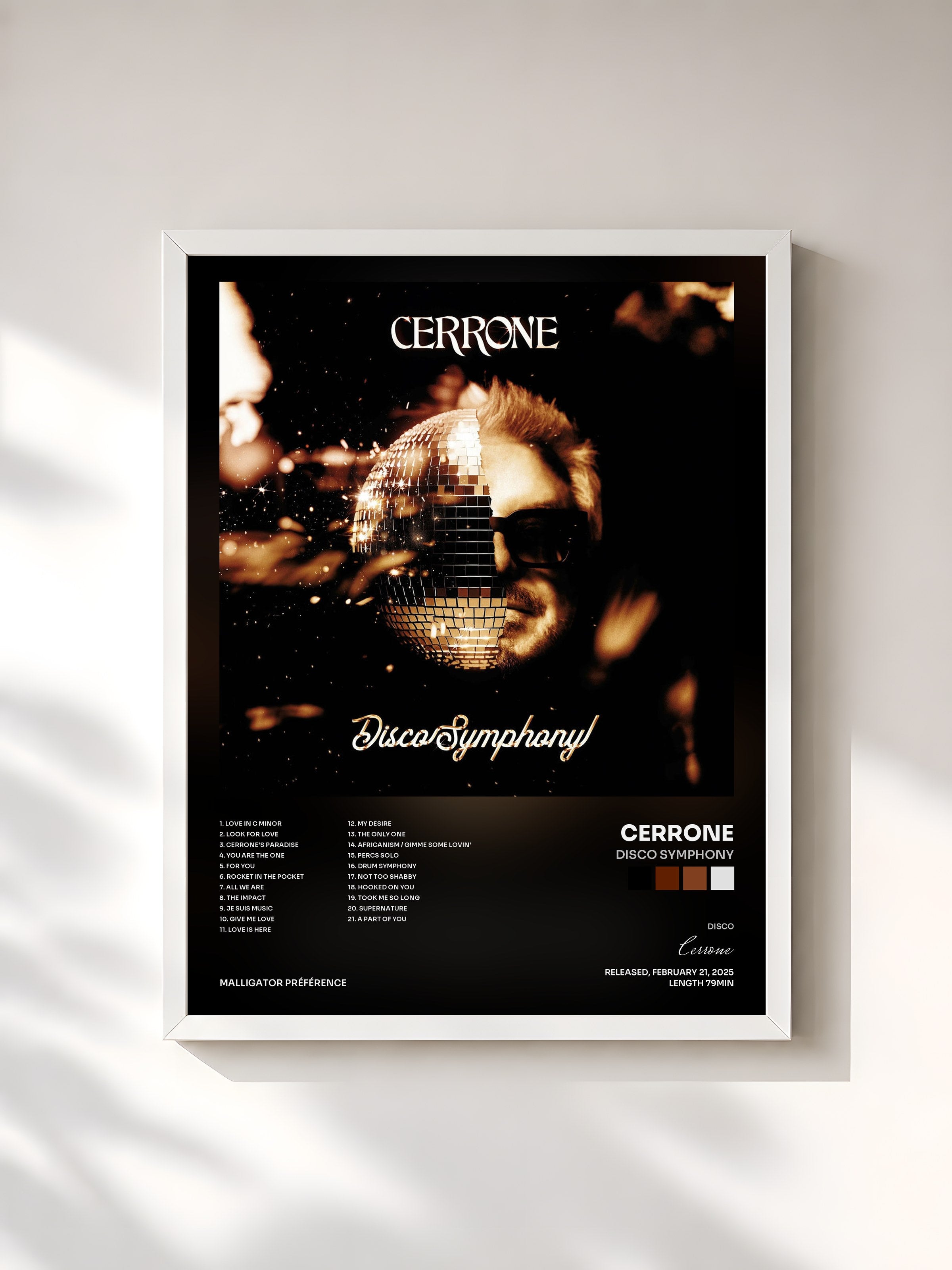 #blanc Tableau de l'album Disco Symphony de Cerrone, cadre blanc, imprimé et encadré en France