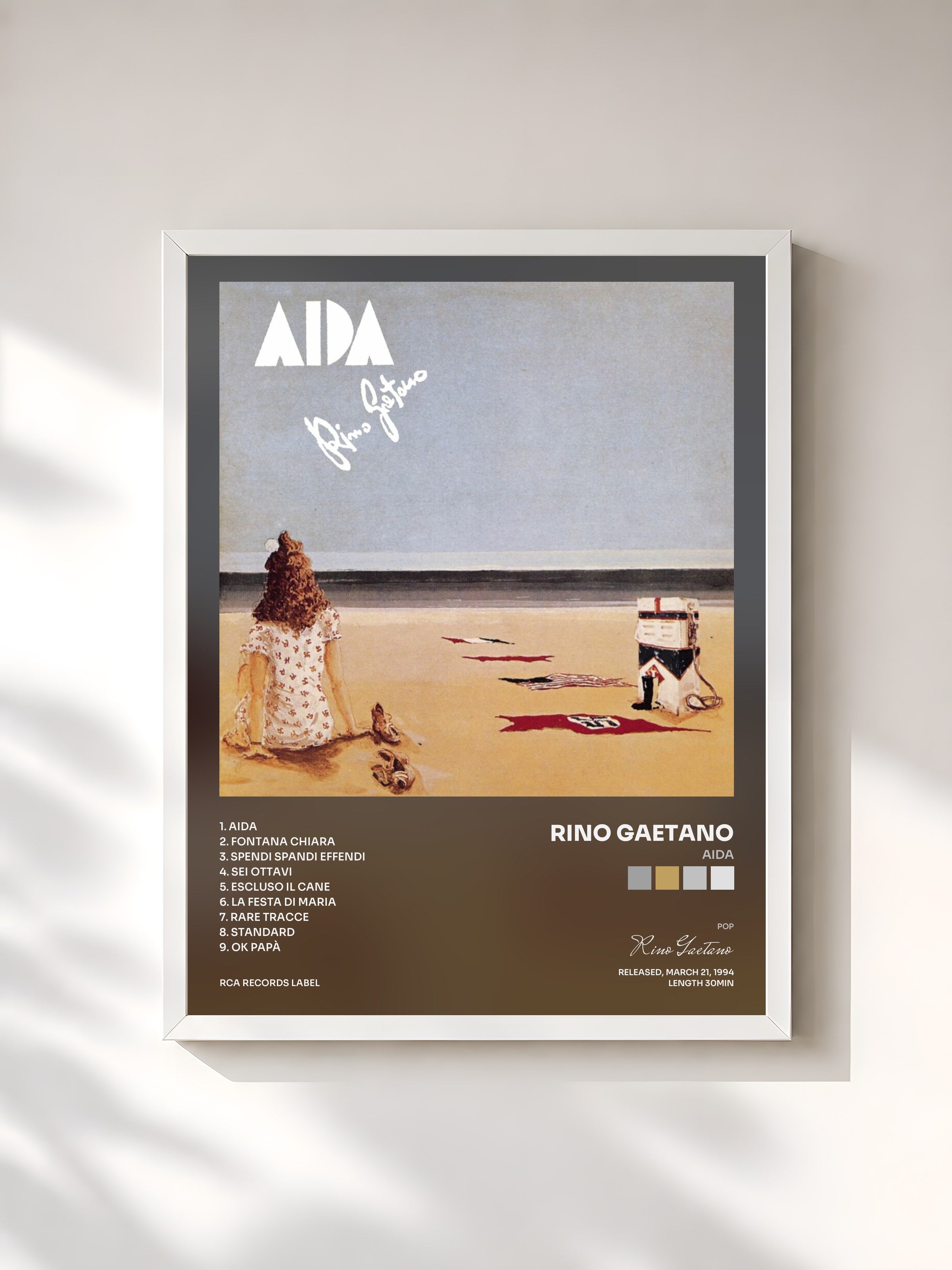 #blanc Tableau de l'album Aida de Rino Gaetano, cadre blanc, imprimé et encadré en France