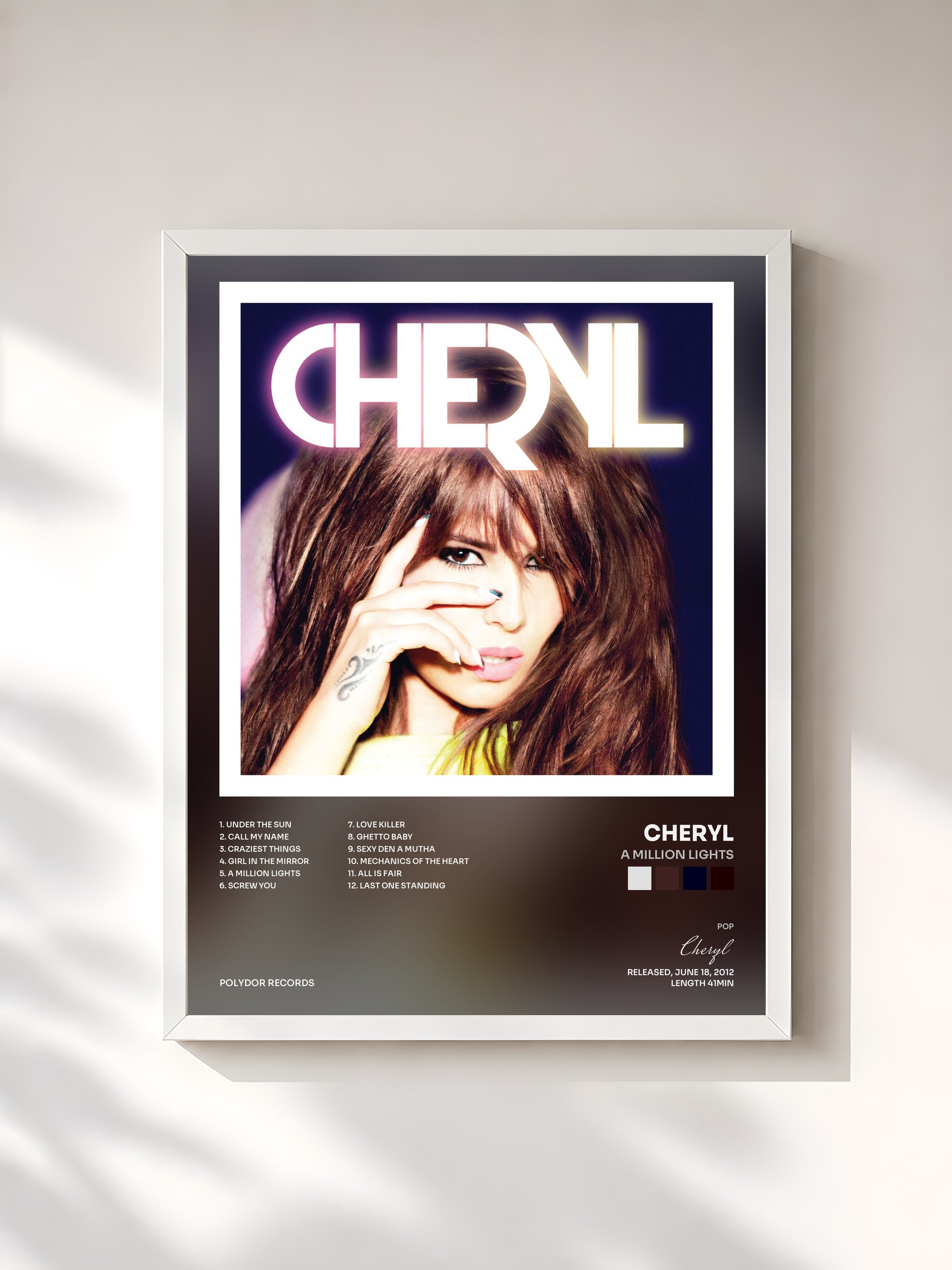 #blanc Tableau de l'album A Million Lights de Cheryl, cadre blanc, imprimé et encadré en France