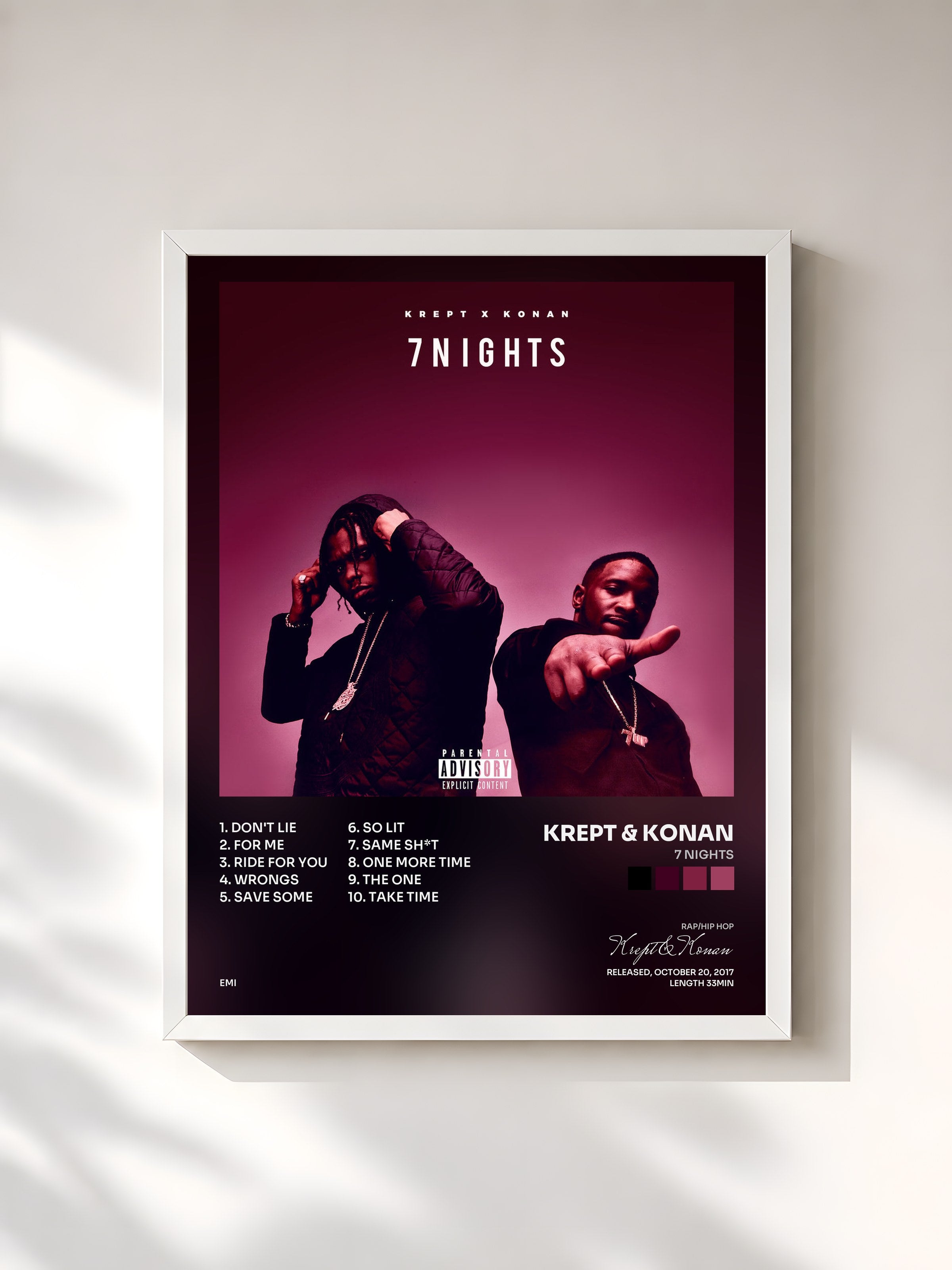 #blanc Tableau de l'album 7 Nights de Krept & Konan, cadre blanc, imprimé et encadré en France
