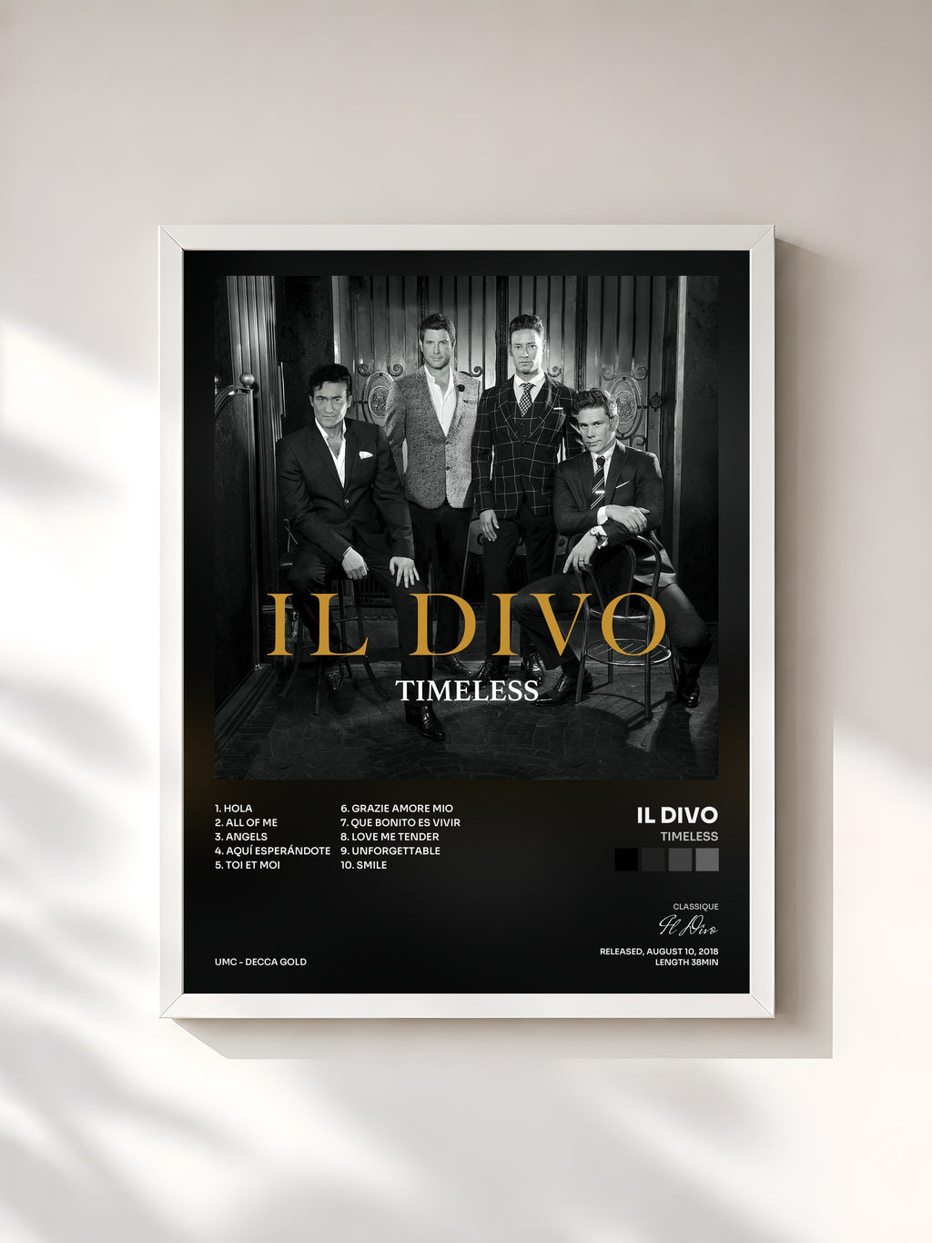 #blanc Timeless by Il Divo as a framed art print, white frame, printed and framed in France