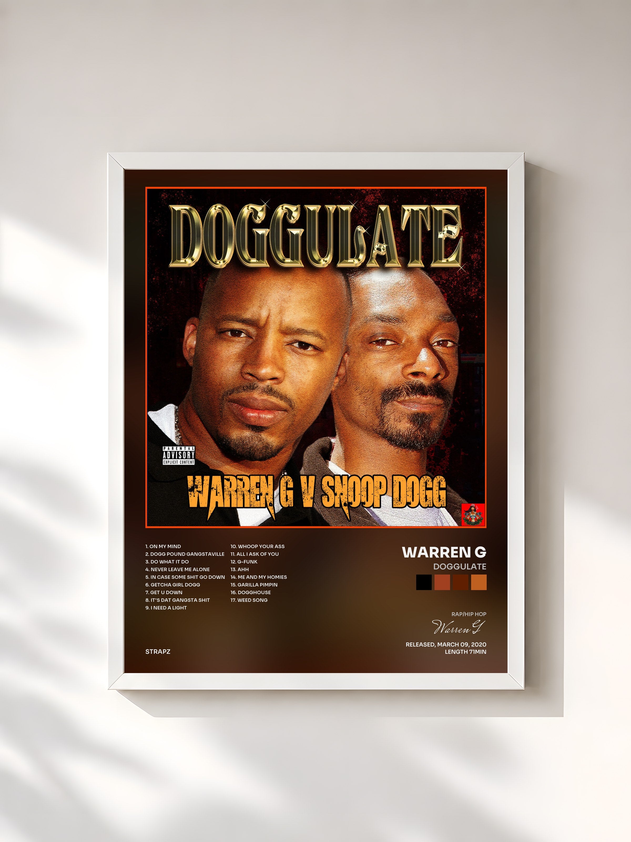 #blanc Tableau de l'album Doggulate de Warren G, cadre blanc, imprimé et encadré en France