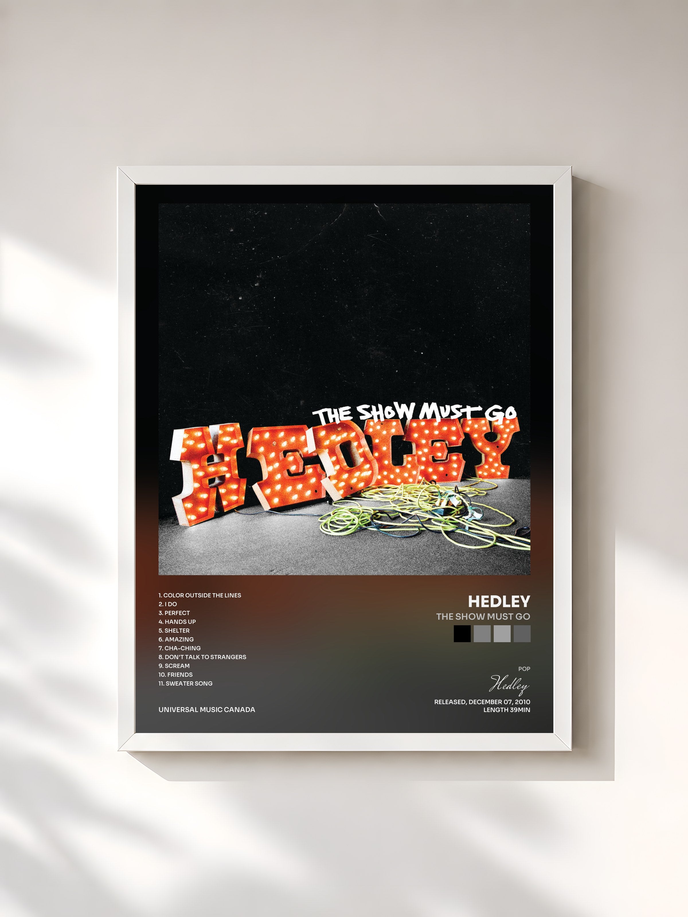 #blanc Tableau de l'album The Show Must Go de Hedley, cadre blanc, imprimé et encadré en France