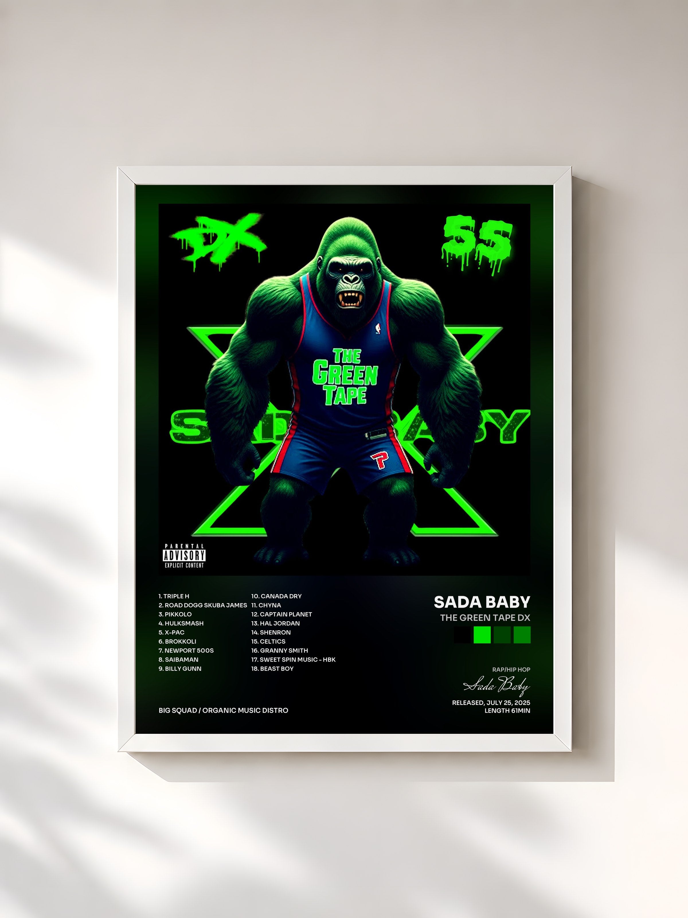 #blanc Tableau de l'album THE GREEN TAPE DX de Sada Baby, cadre blanc, imprimé et encadré en France