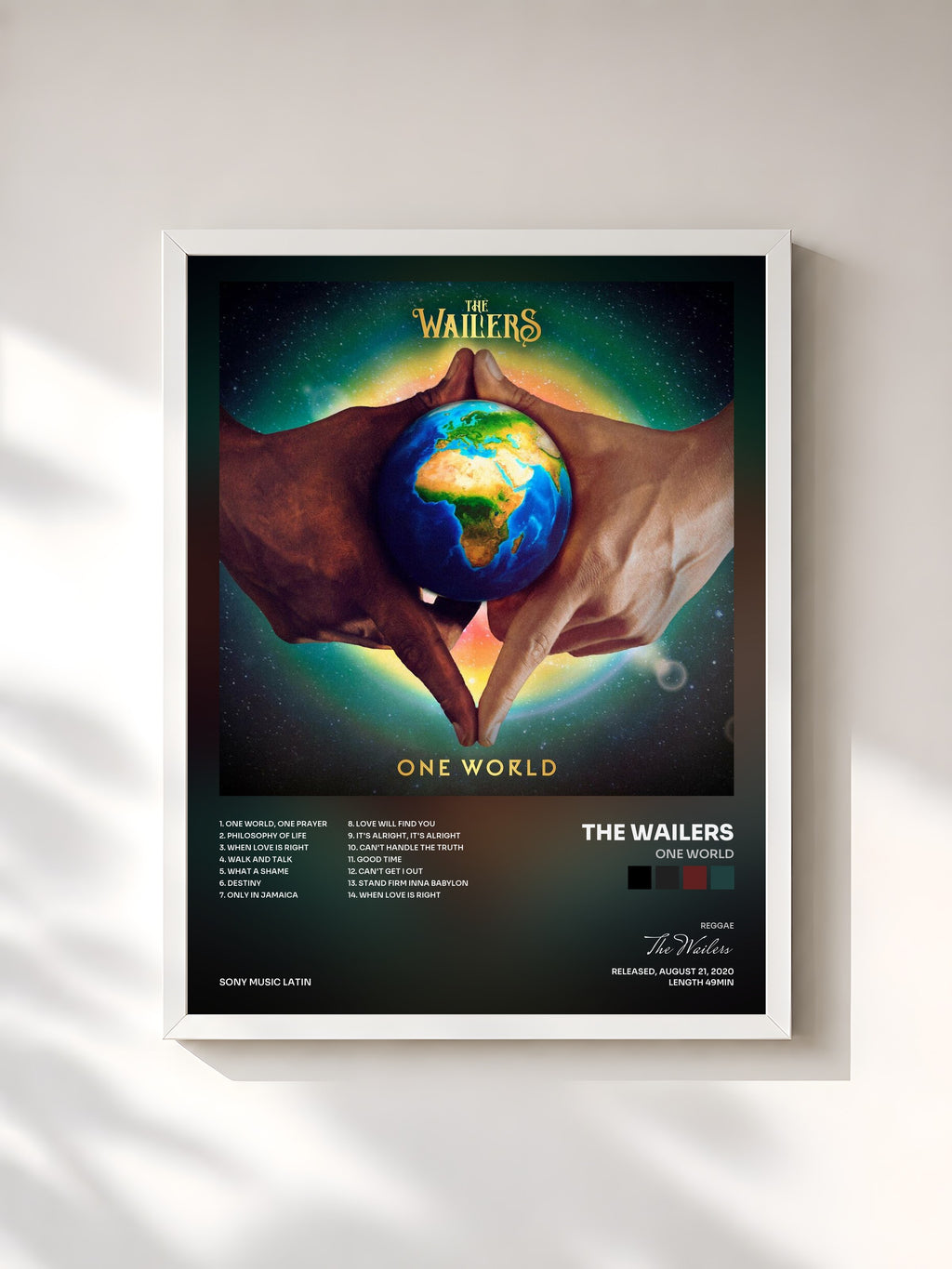 #blanc Tableau de l'album One World de The Wailers, cadre blanc, imprimé et encadré en France