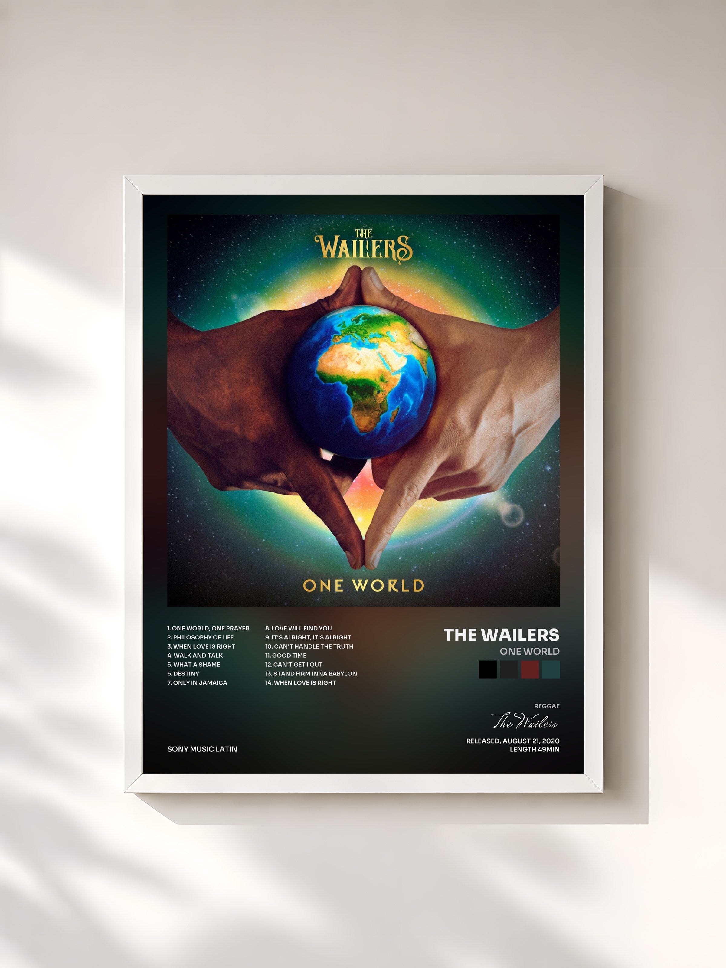 #blanc Tableau de l'album One World de The Wailers, cadre blanc, imprimé et encadré en France