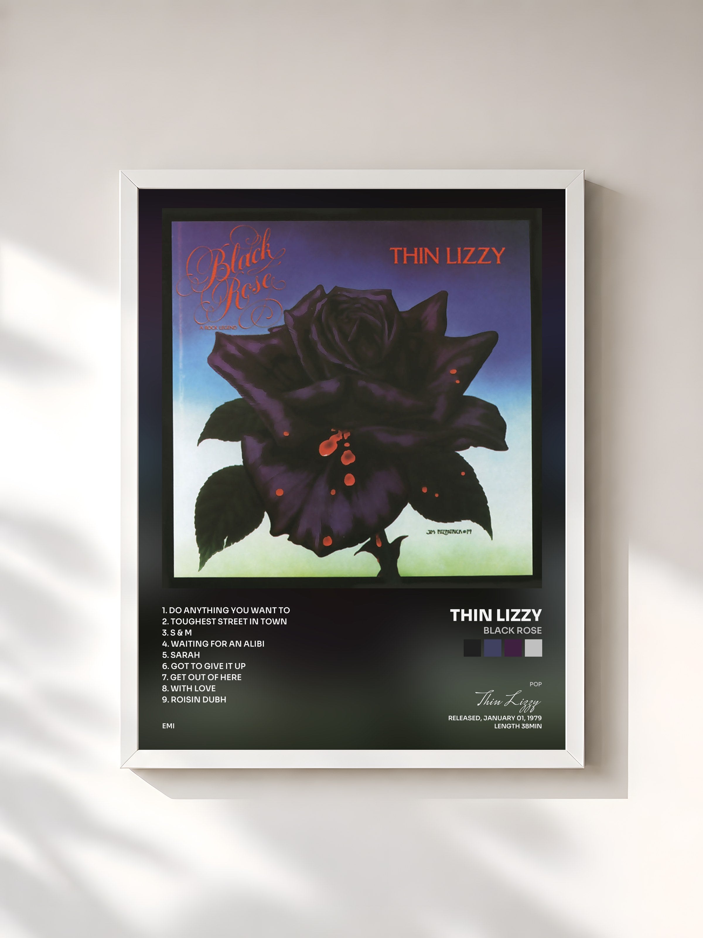 #blanc Tableau de l'album Black Rose de Thin Lizzy, cadre blanc, imprimé et encadré en France