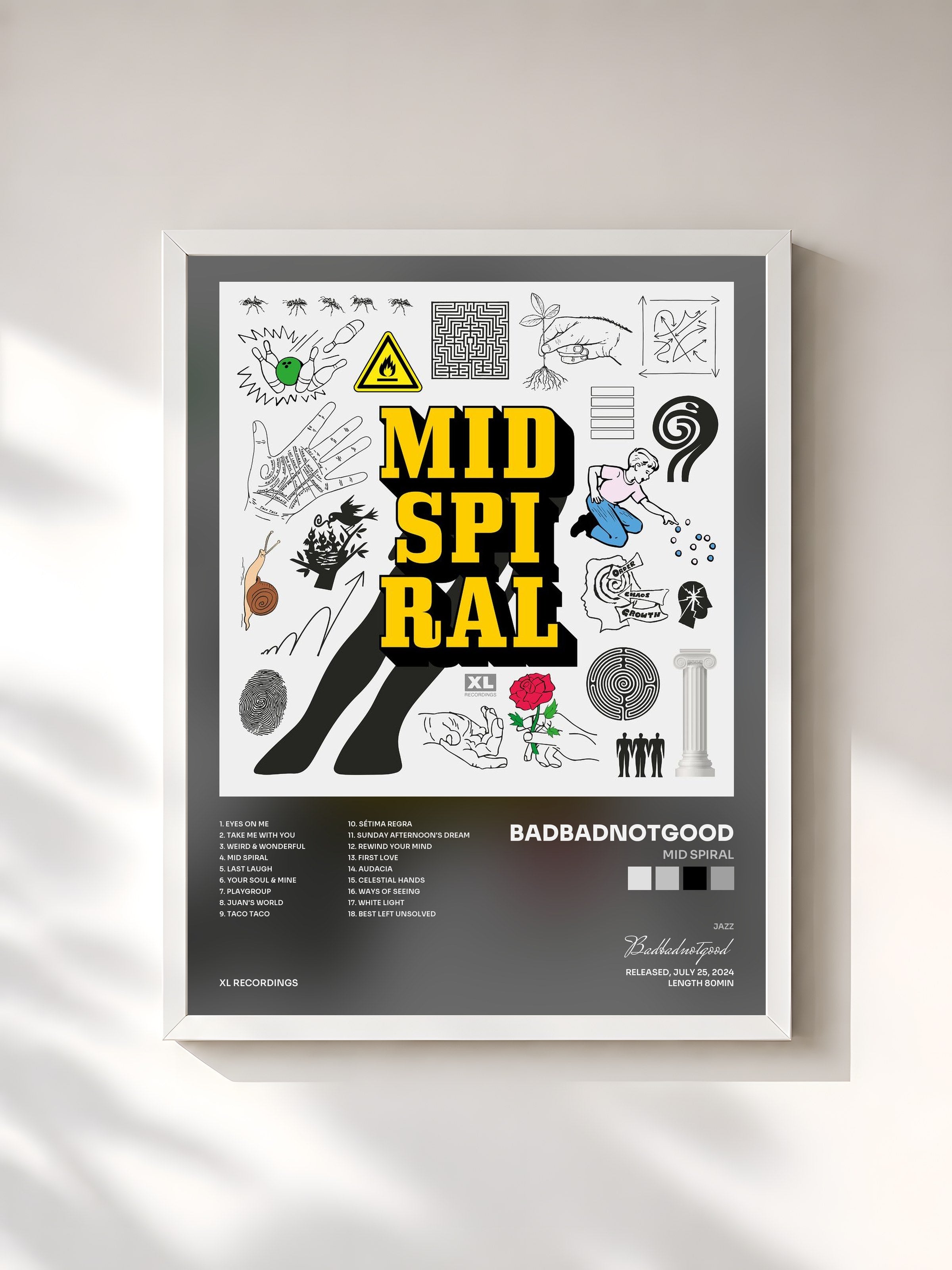 #blanc Tableau de l'album Mid Spiral de Badbadnotgood, cadre blanc, imprimé et encadré en France