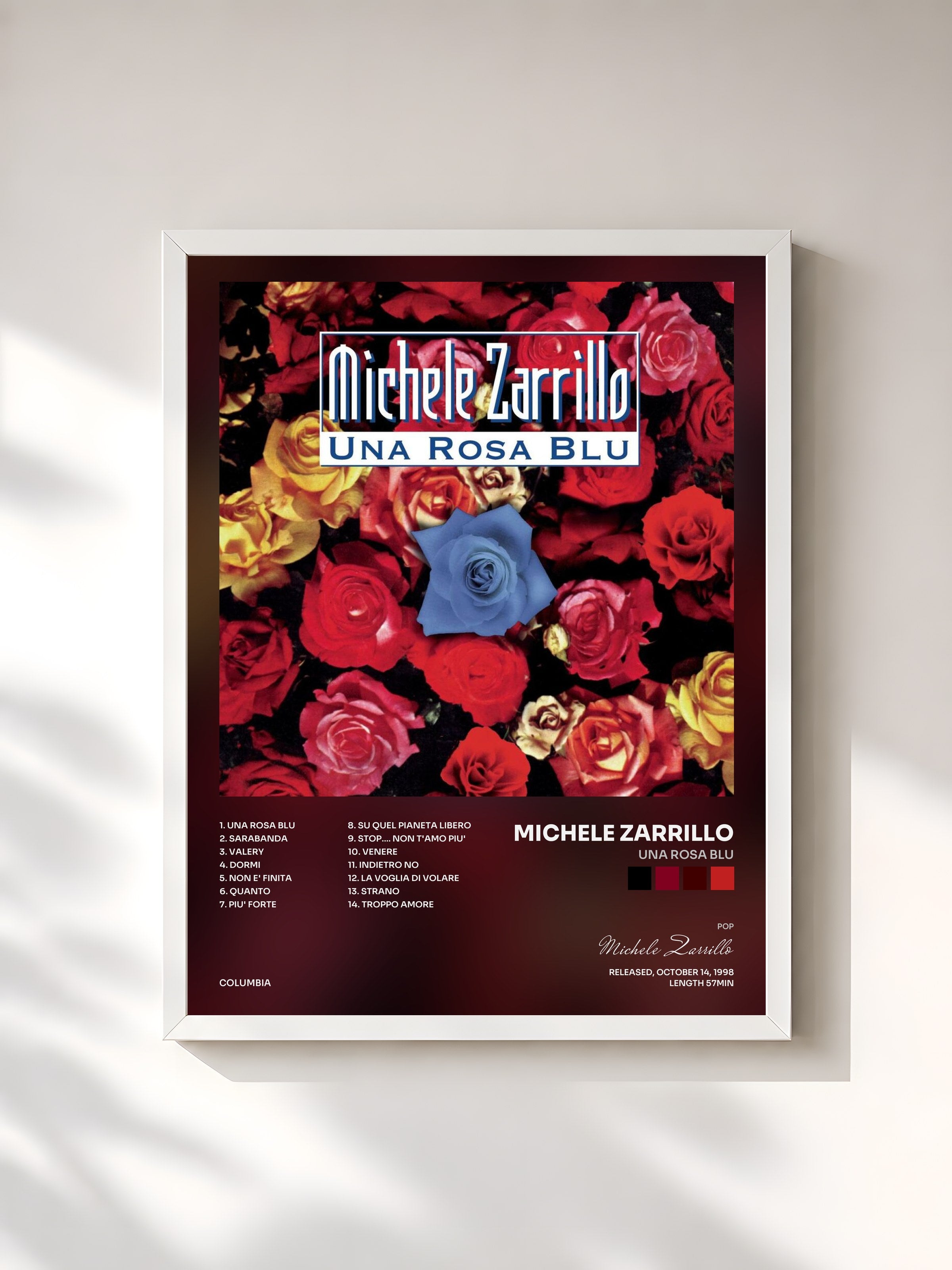 #blanc Tableau de l'album Una Rosa Blu de Michele Zarrillo, cadre blanc, imprimé et encadré en France