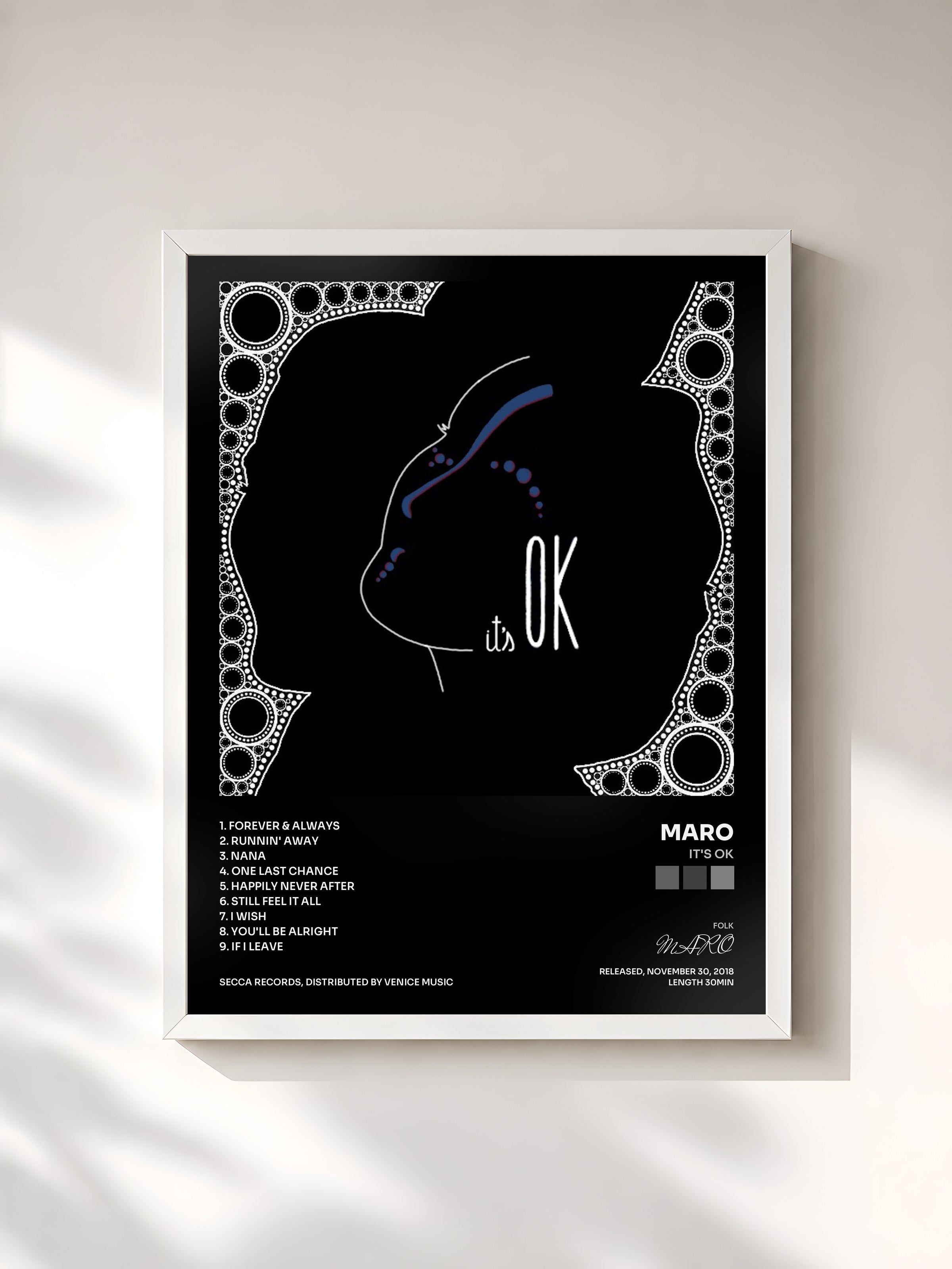 #blanc Tableau de l'album it's OK de MARO, cadre blanc, imprimé et encadré en France