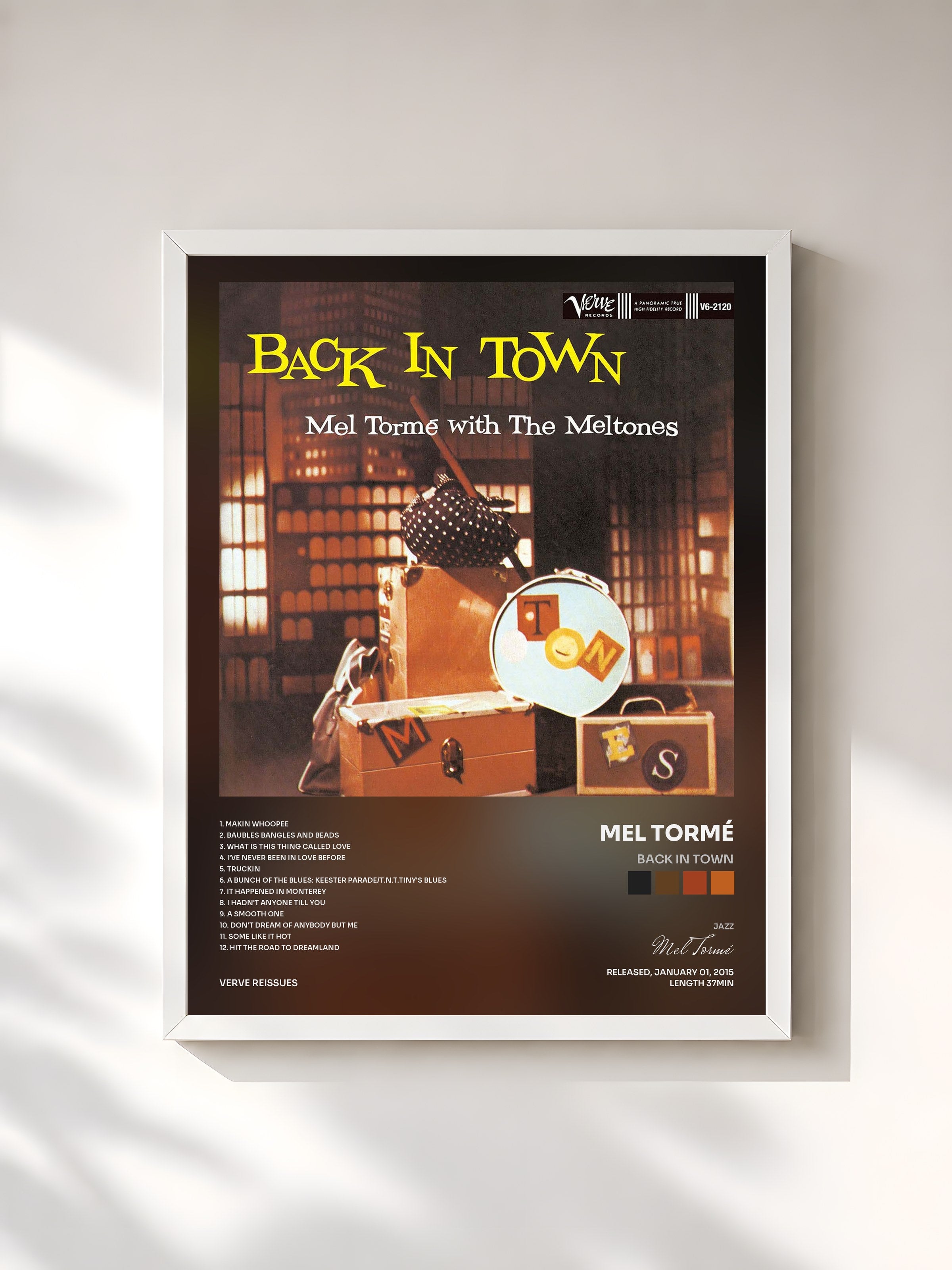 #blanc Tableau de l'album Back In Town de Mel Tormé, cadre blanc, imprimé et encadré en France