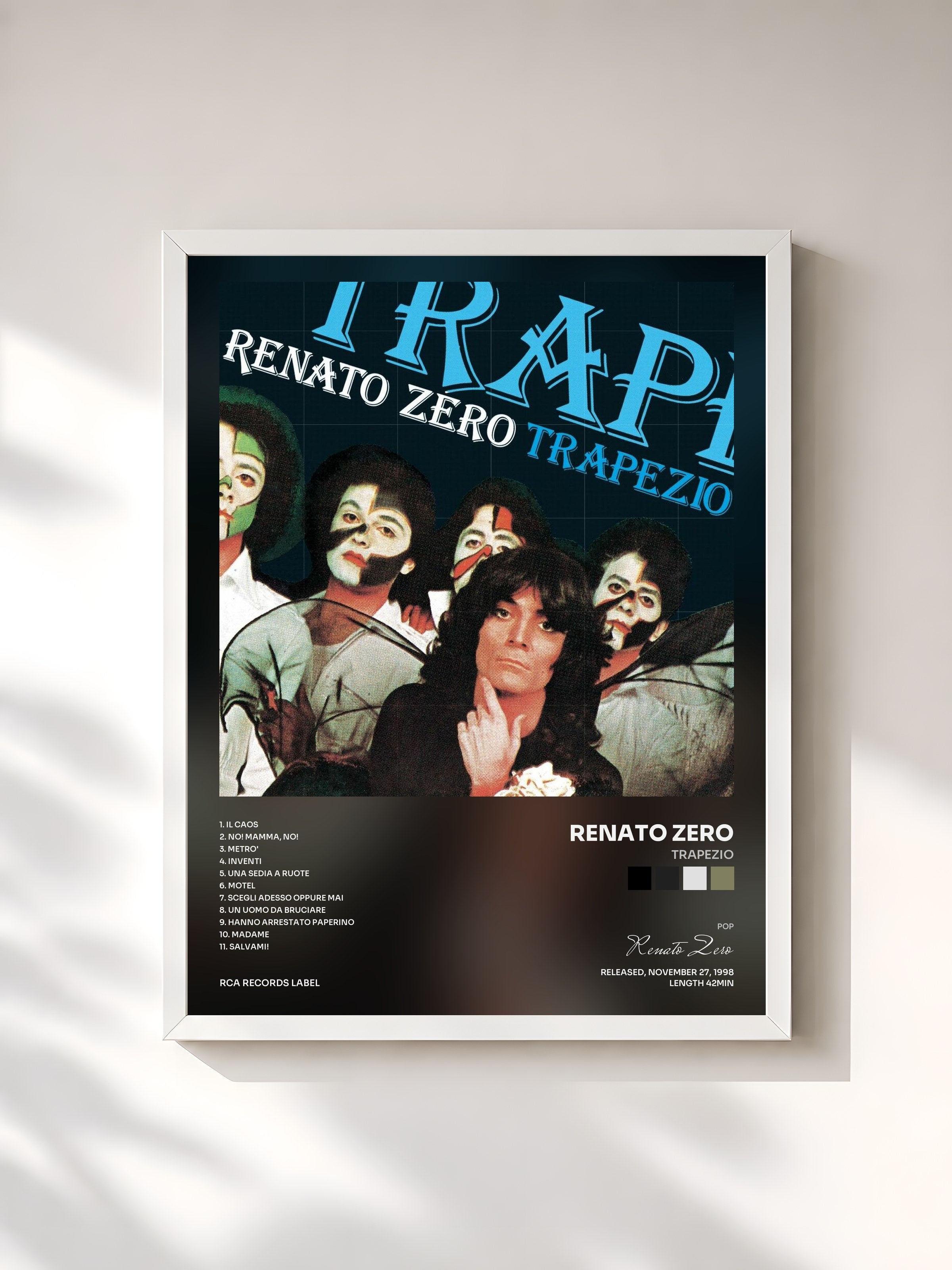 #blanc Tableau de l'album Trapezio de Renato Zero, cadre blanc, imprimé et encadré en France