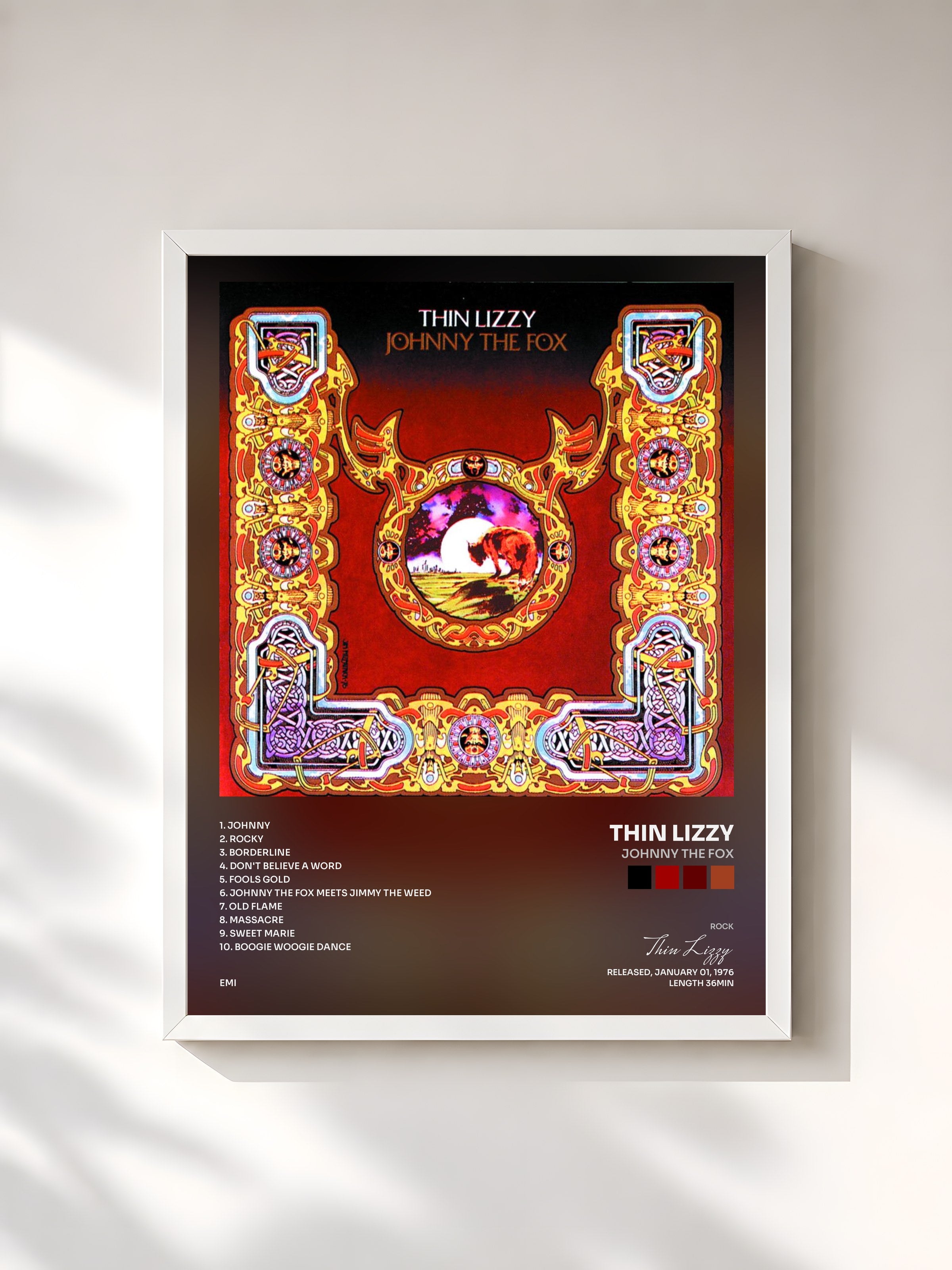 #blanc Tableau de l'album Johnny The Fox de Thin Lizzy, cadre blanc, imprimé et encadré en France