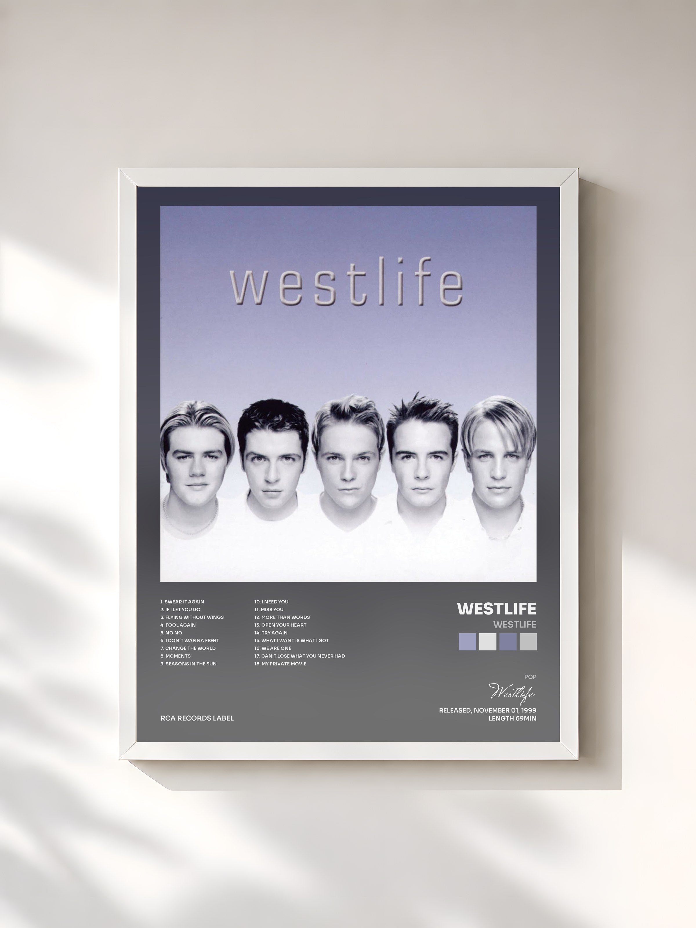 #blanc Tableau de l'album Westlife de Westlife, cadre blanc, imprimé et encadré en France